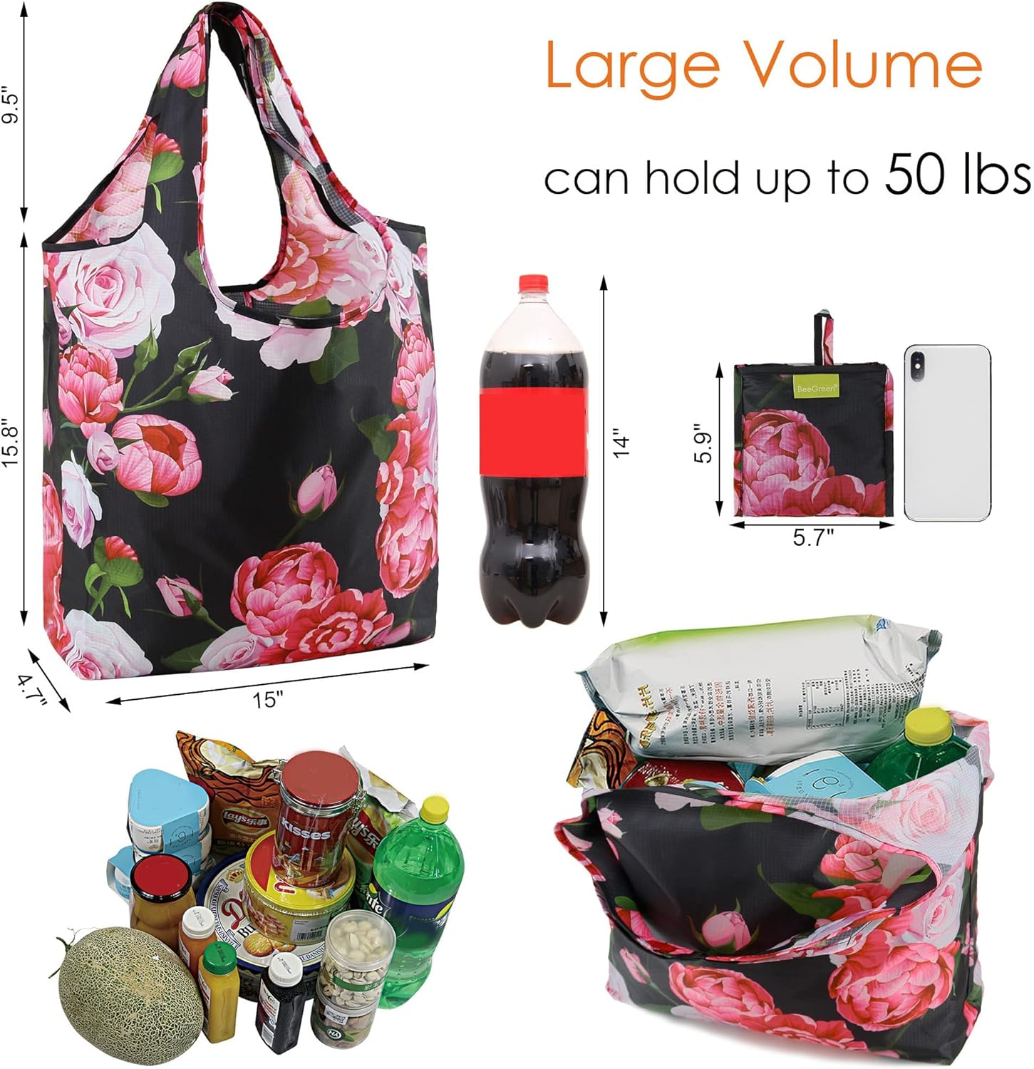 BeeGreen Bolsas de mano florales plegables reutilizables con flores, bolsas grandes para compras de comestibles, bonitas bolsas de vacaciones con
