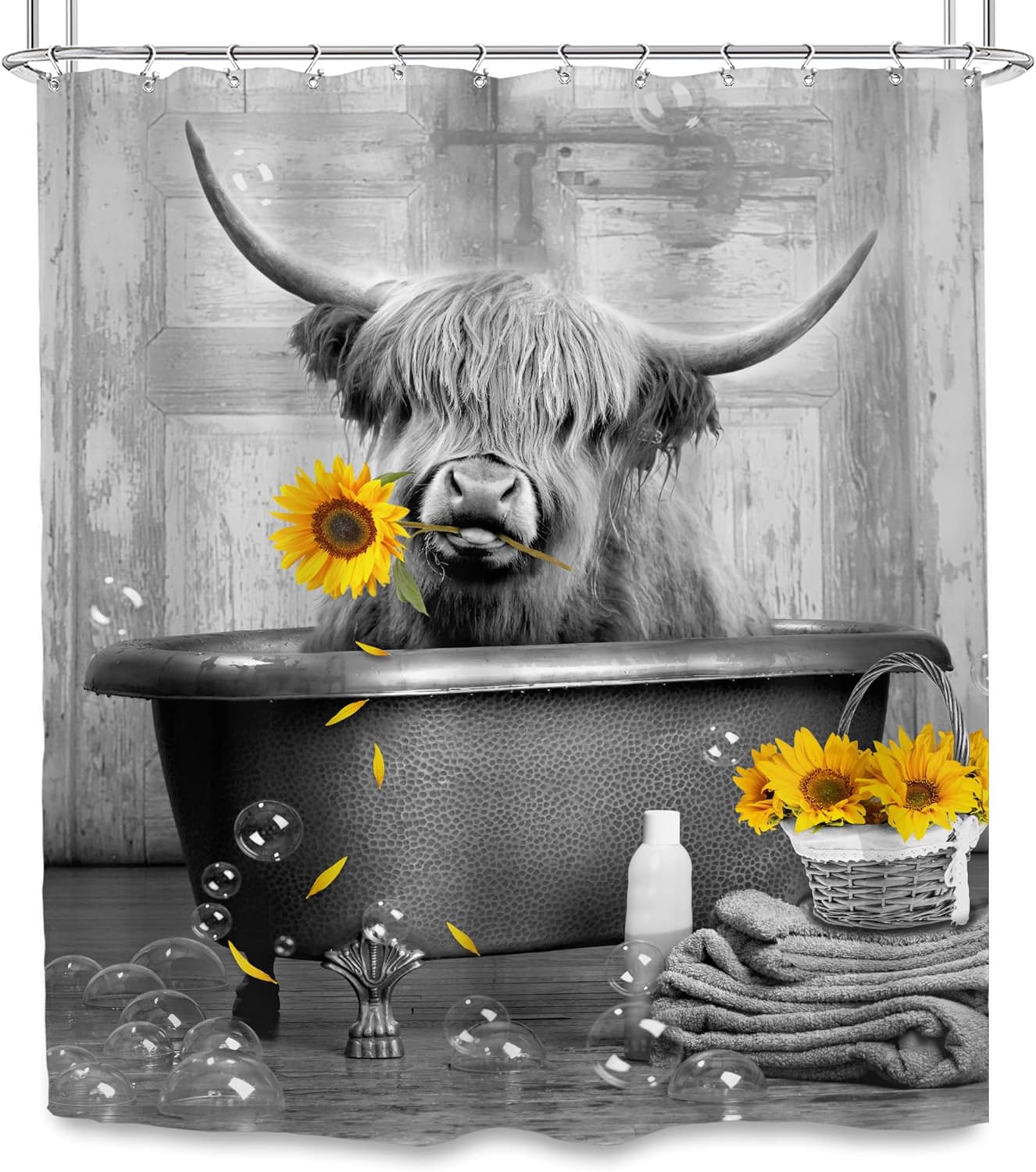SVBright Divertida cortina de ducha de vaca de las tierras altas, 60 pulgadas de ancho x 72 pulgadas de largo, rústico, granja, girasol, ganado,