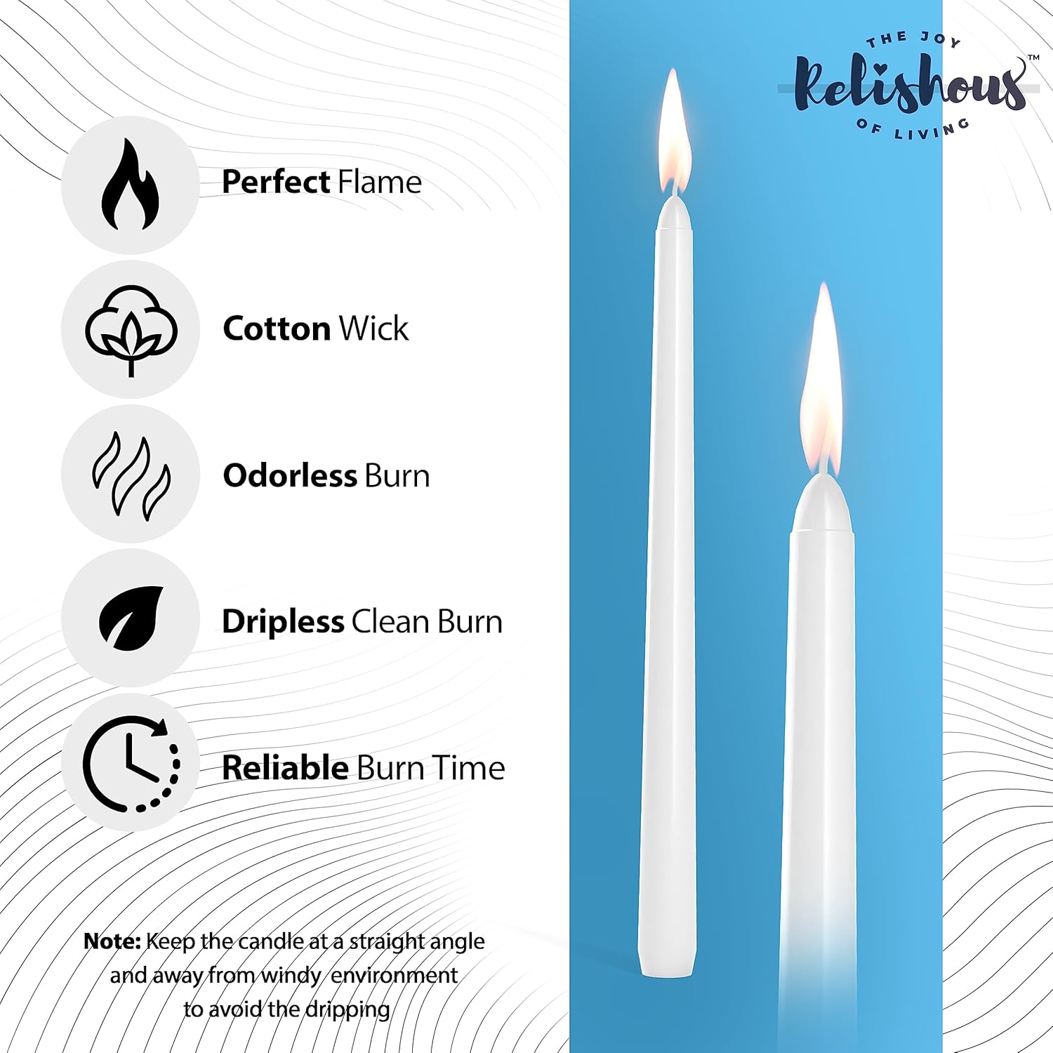 24 velas cónicas blancas  Velas cónicas sin goteo de 10 x 0.75 pulgadas, sin perfume, sin humo, velas blancas de 7 a 8 horas de larga duración,