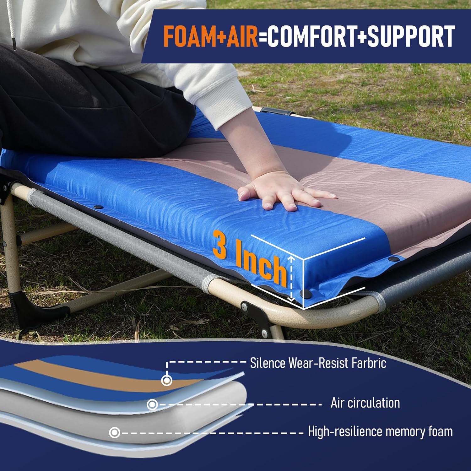 MEREZA Almohadilla de dormir de espuma viscoelástica autoinflable+sacos de dormir para 2 personas, 3 pulgadas de grosor, doble almohadilla de