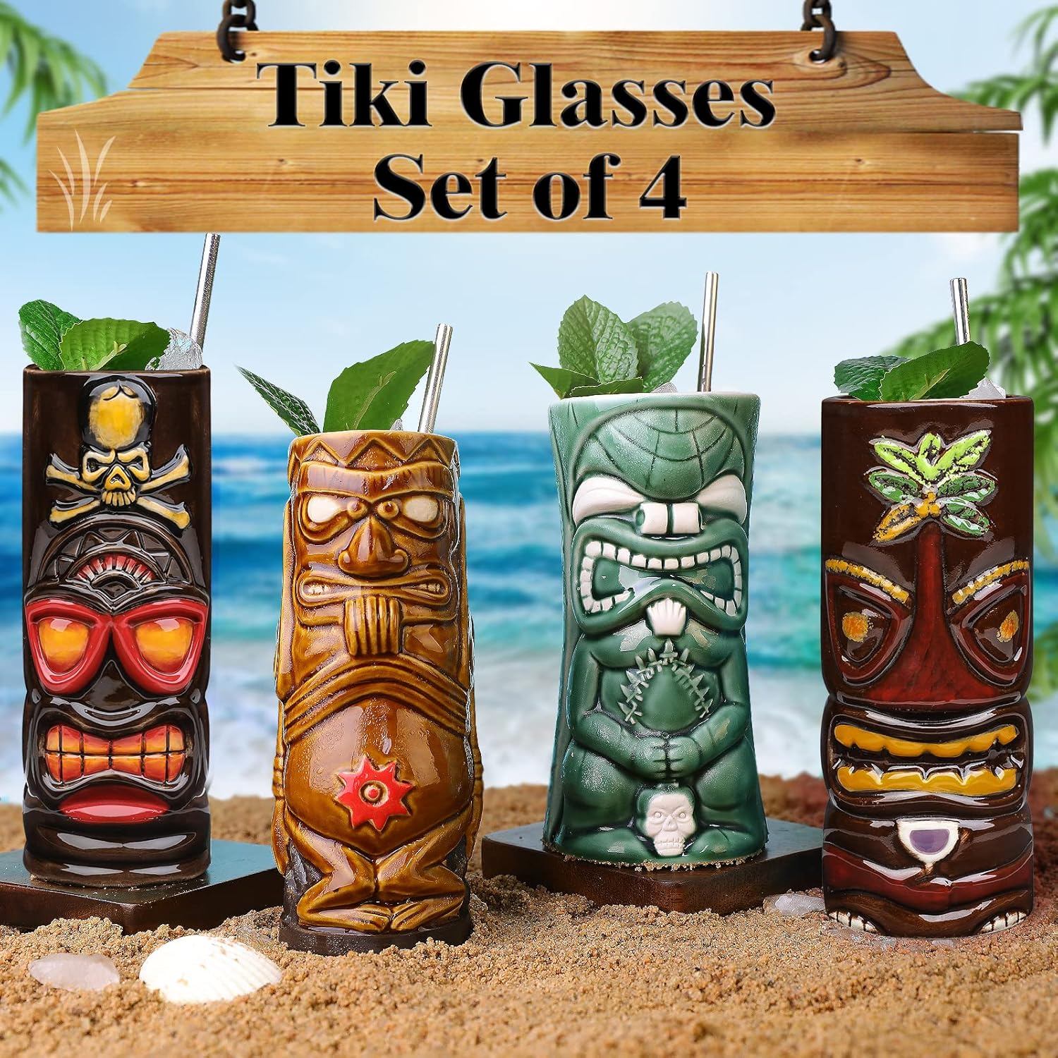 Juego de 4 tazas Tiki de cerámica grandes Tiki tazas hawaianas Luau para fiestas, tazas Tiki Bar para cócteles