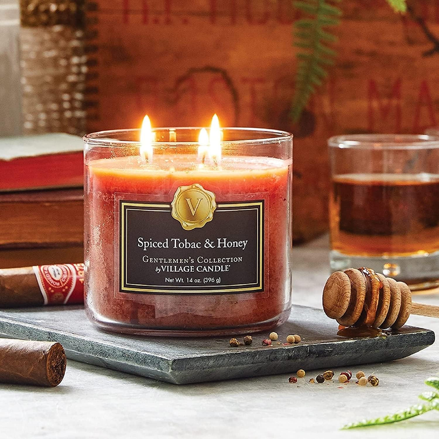 Village Candle Cuenco mediano con tabaco especiado y miel, 14 onzas, naranja, 1 unidad