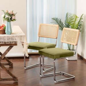 Okeysen Juego de 2 sillas de comedor, modernas sillas de cocina de terciopelo de mediados de siglo con respaldo tejido de caña y patas de metal, Okeysen Juego de 2 sillas de comedor, modernas sillas de cocina de terciopelo de mediados de siglo con respaldo tejido de caña y patas de metal,