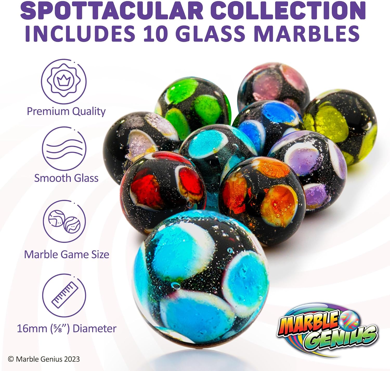Marble Genius Canicas para coleccionistas, manchas, 0.630 in, juego de 10 canicas de coleccionista de vidrio coloridas hechas a mano, regalos para