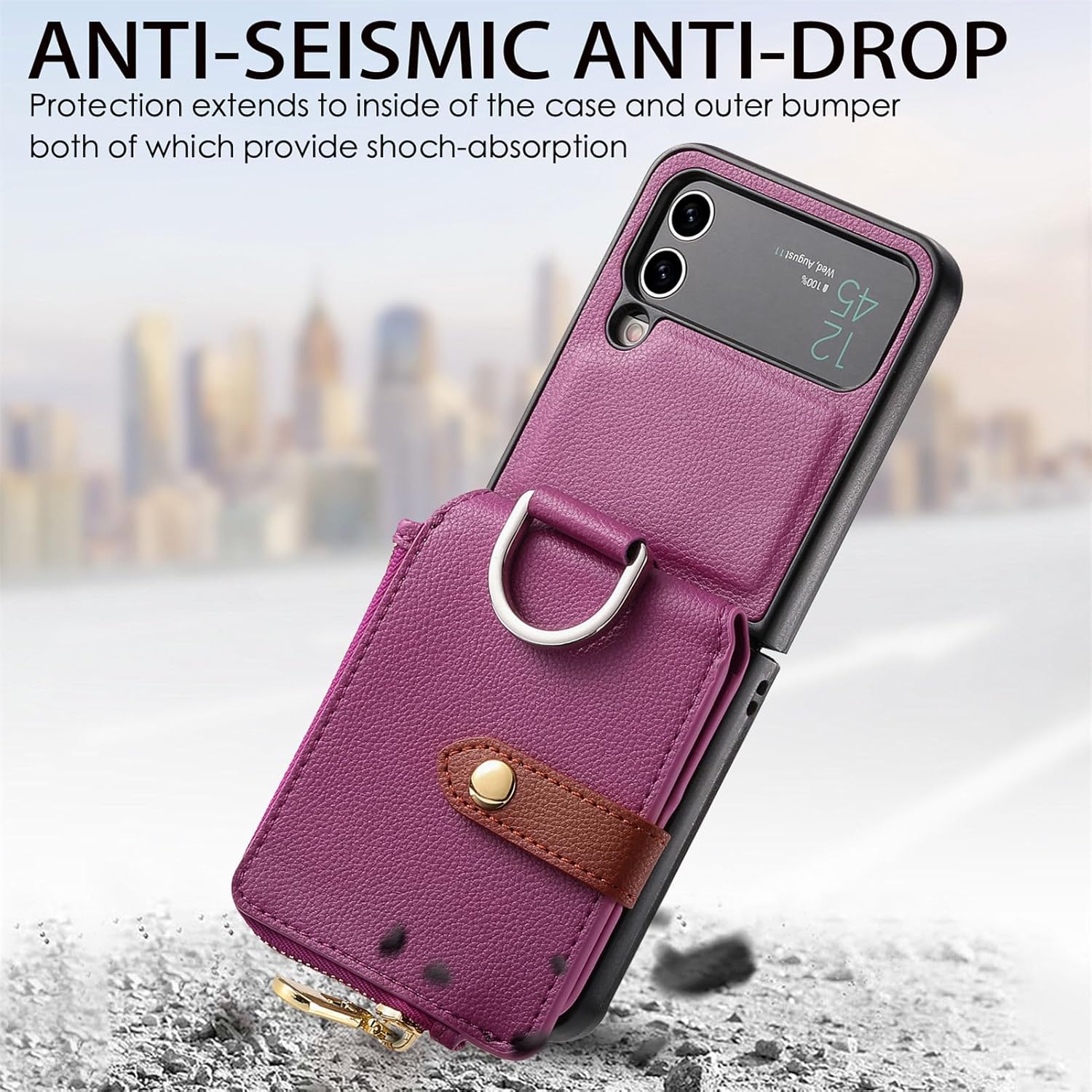 Asuwish Compatible con Samsung Galaxy Z Flip 4 5G 2022 – Funda tipo cartera y ranura para tarjetas, anillo con cierre magnético, a prueba de golpes,