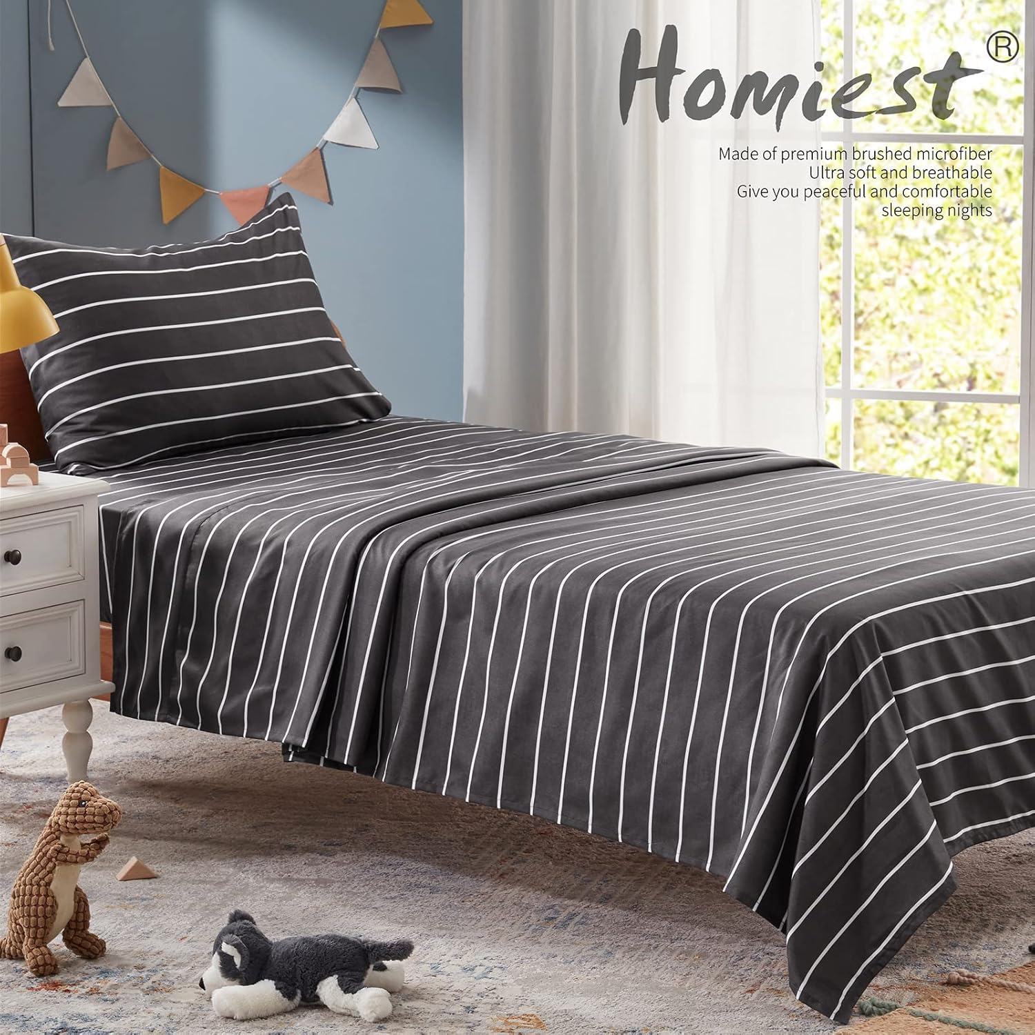 Homiest Juego de sábanas de microfibra de 4 piezas en blanco y negro, tamaño matrimonial, sábanas de rayas horizontales, lindo juego de ropa de cama