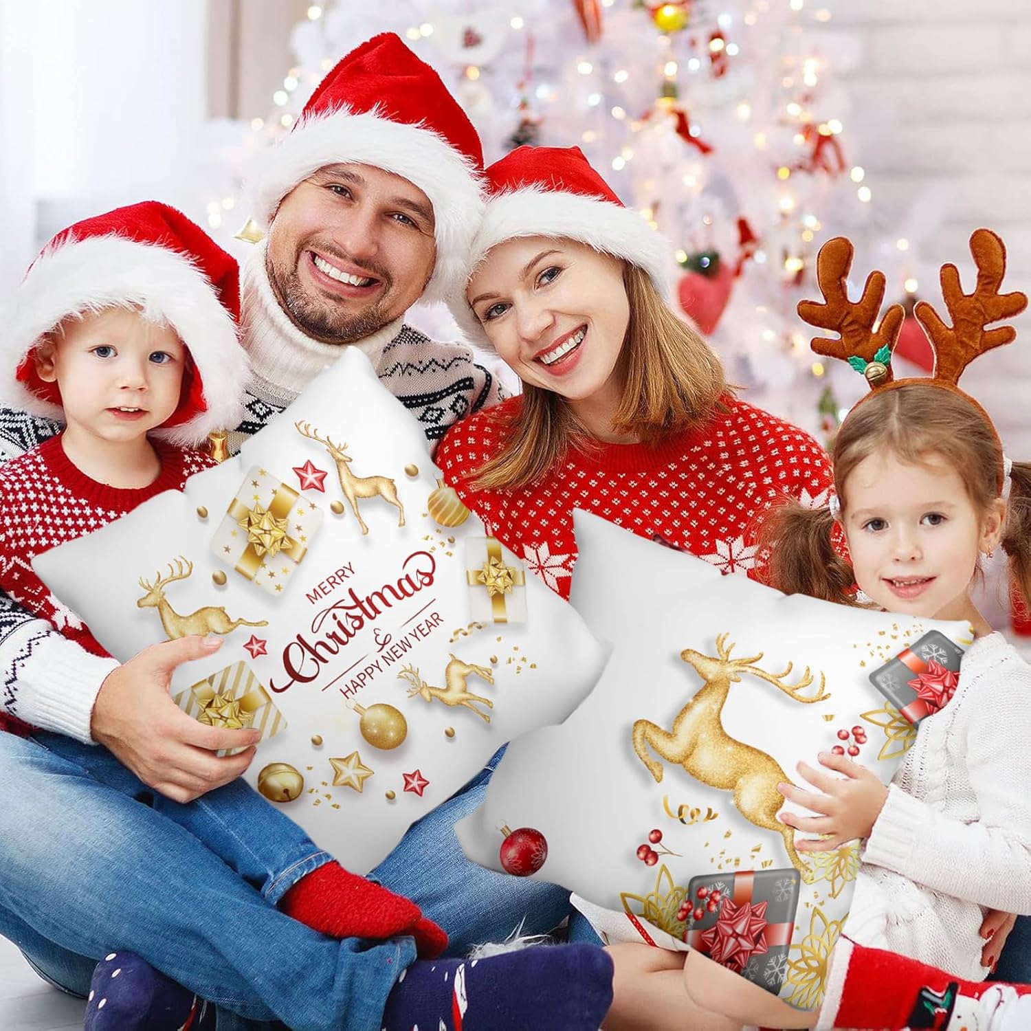 WSZBDY Juego de 4 fundas de almohada de Navidad, copos de nieve de oro blanco, decoración de Navidad, renos, 18 x 18 pulgadas, juego de 4 adornos de