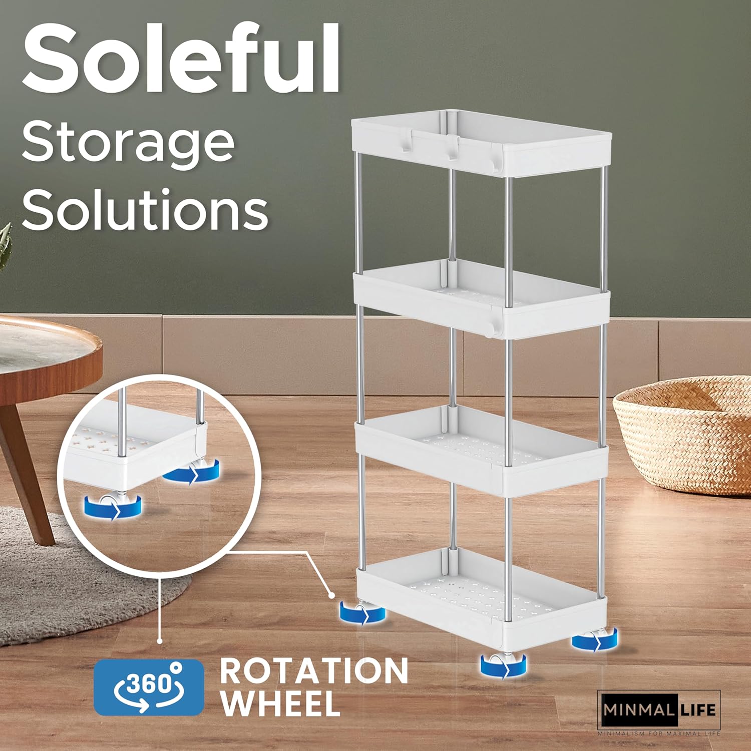 Minmallfe – Carrito rodante de 4 niveles con ruedas, carrito de almacenamiento rodante como carrito de aperitivos, carrito de utilidad, estante de