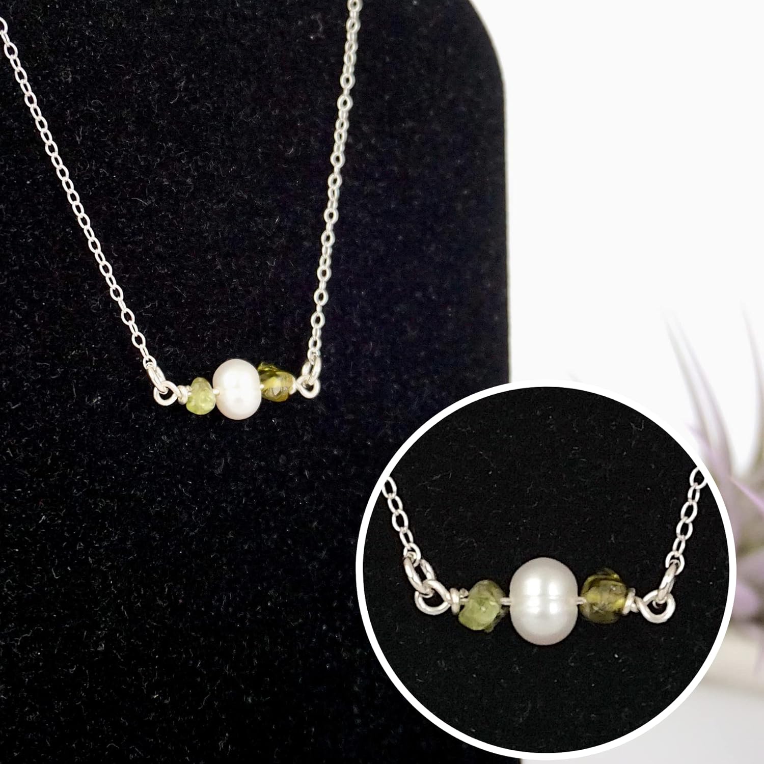 Designs by Nature Gems Handmade Womens Peridot & Pearl Charm Necklace 20-22 inch Adjustable Chain Sterling Silver, August & June Birthstone