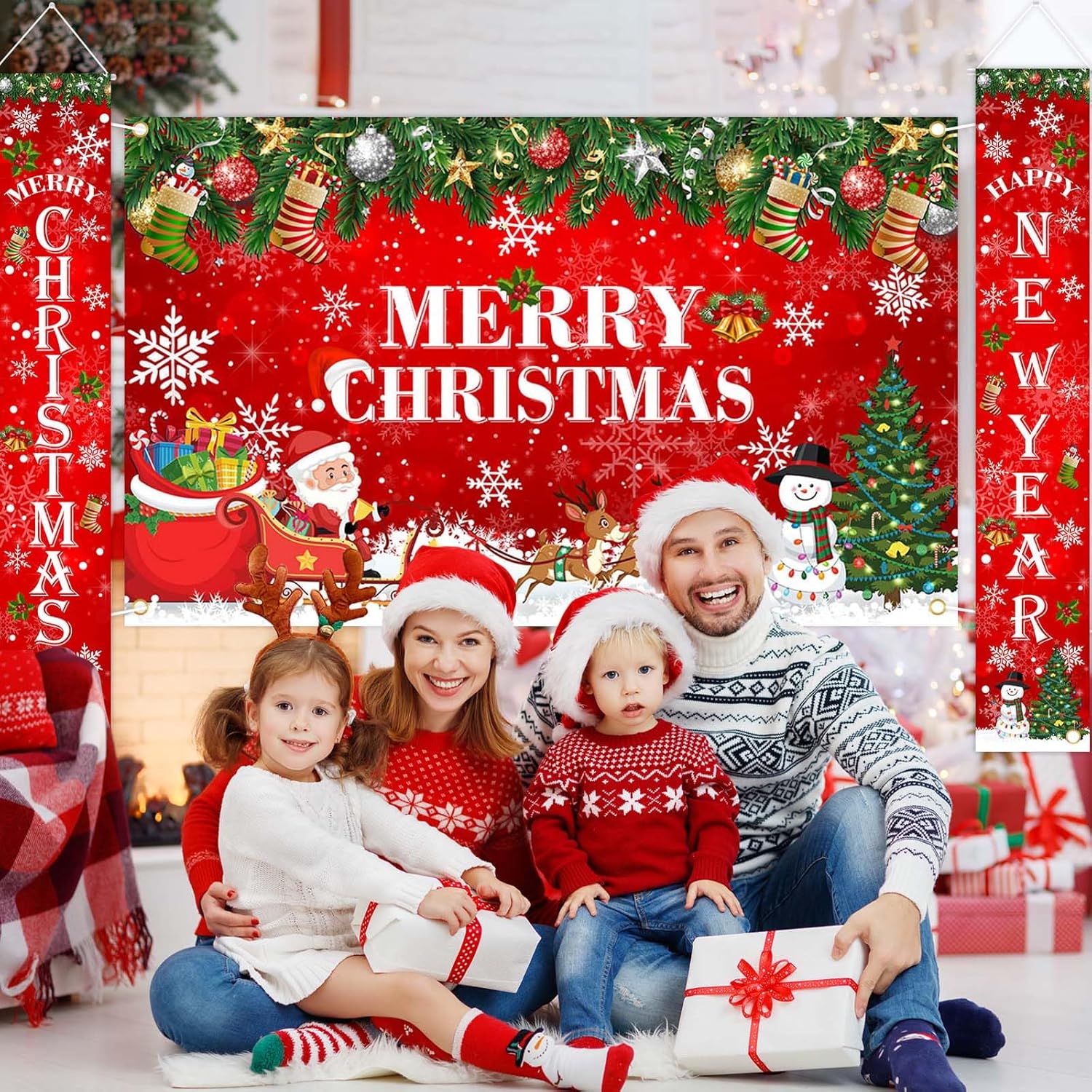 Avezano Decoraciones de Navidad rojas con texto en inglés Merry Christmas para colgar en el porche y en el porche, pancartas de Navidad para