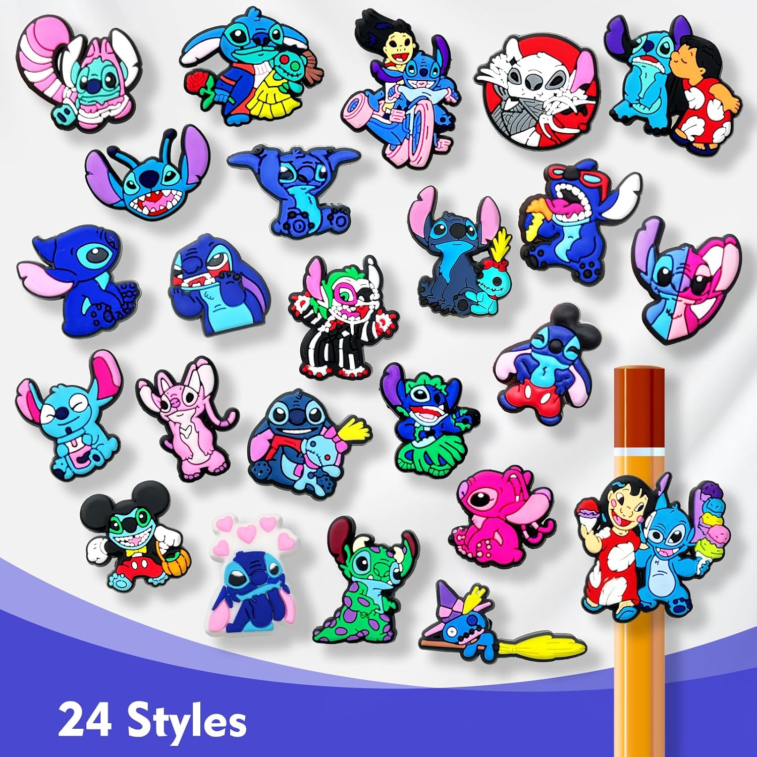 Decoración de lápiz de anime para niños y estudiantes, clip de dibujos animados para oficina, escuela, fiesta, regalos (24 unidades, azul)