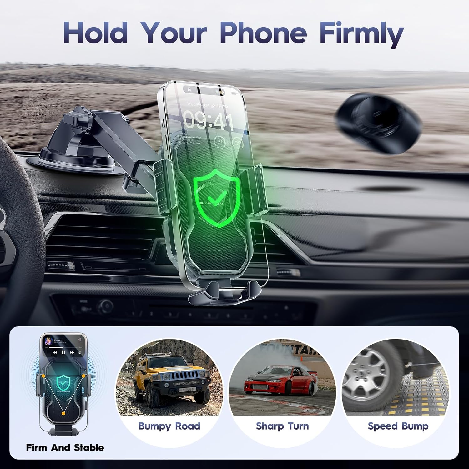 Soporte de teléfono para automóvil – Apto para carreteras con baches Soporte de teléfono para salpicadero del automóvil, ventilación de aire 3 en 1,