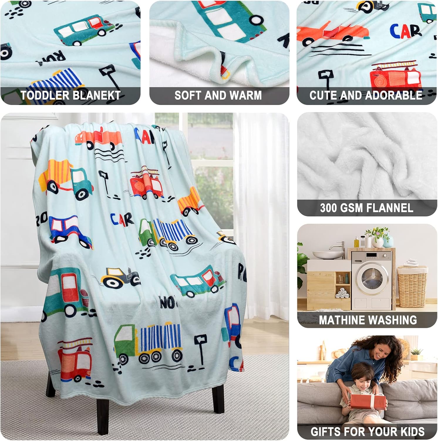 Manta de construcción para niños, manta de camión personalizada para niños, manta de automóvil para niños pequeños, manta de forro polar suave para
