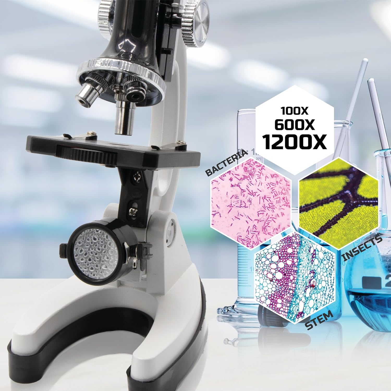 Discovery #MINDBLOWN – Juego de microscopio de 48 piezas con marco de metal duradero, aumento de 100X a 1200X, juego completo con tubos de ensayo,