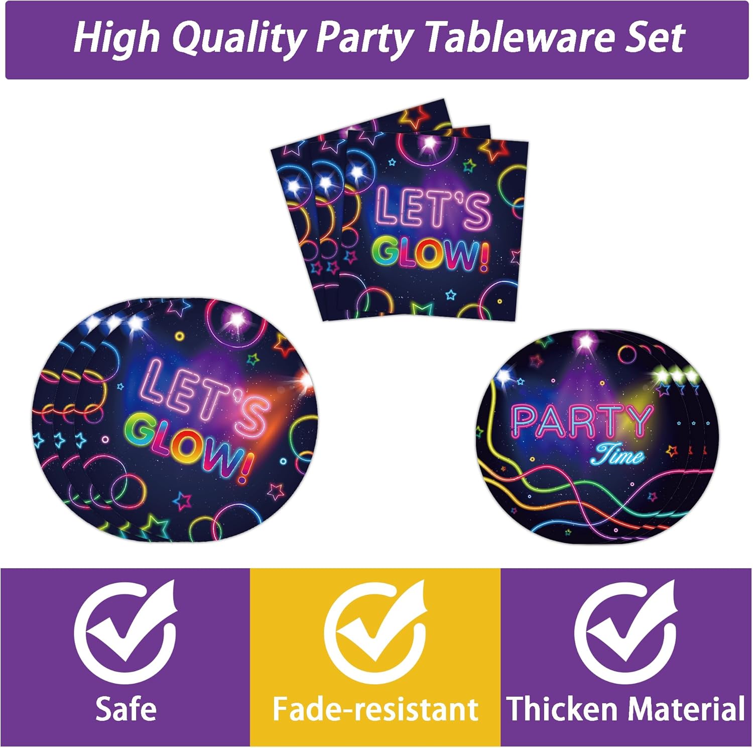 Glow – Juego de vajilla para fiesta de cumpleaños sirve para 24 platos de papel desechables que brillan en la oscuridad de 7 pulgadas, platos de