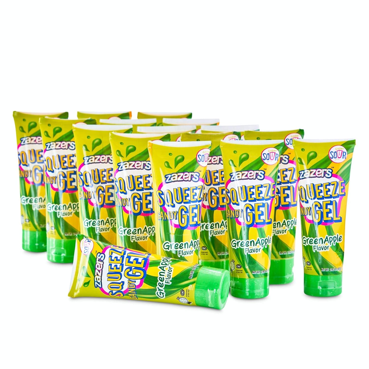 Zazers – Gel de caramelo ácido, súper ácido, caramelo exprimido, caramelo novedoso, caramelo kosher  16 x 2.82 onzas (80 gramos), paquete de