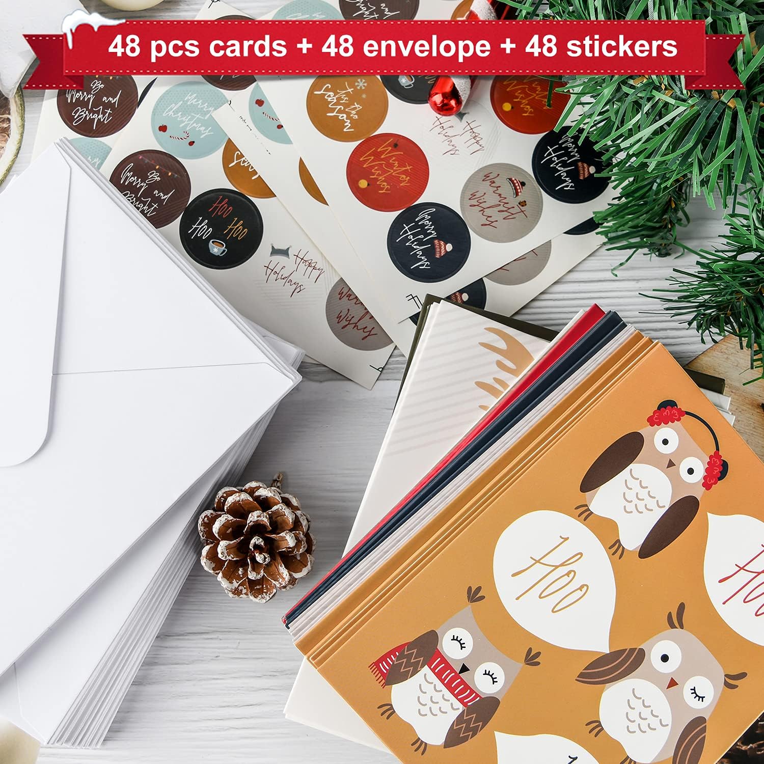 HERZOME Paquete de 48 tarjetas de felicitación navideñas de invierno con sobres y calcomanías, 8 patrones de animales del bosque, tarjetas de