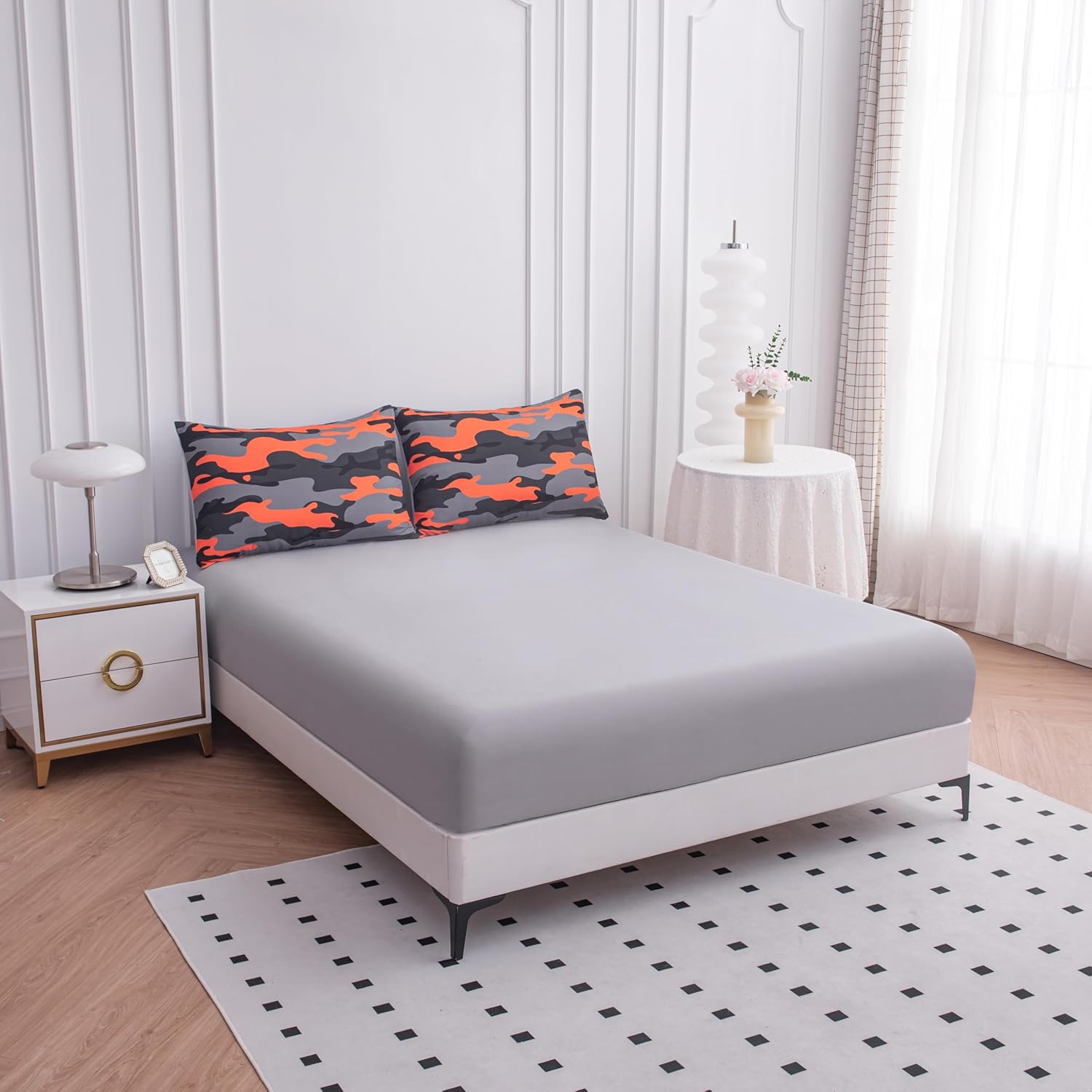 Juego de edredón para niños, tamaño Queen, juego de ropa de cama de camuflaje naranja y gris militar, juego de ropa de cama tamaño Queen, juego de
