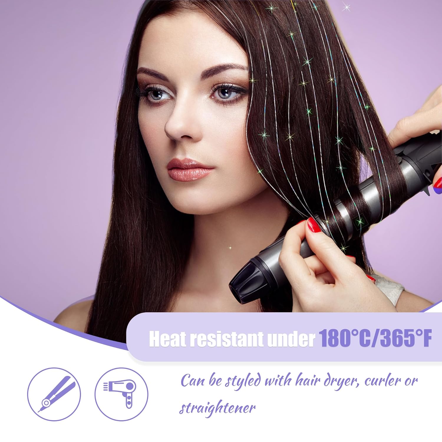 Paquete de 6 piezas de kit de oropel con clip, extensión de cabello de oropel con purpurina de 20 pulgadas con clips, resistente al calor, mechones