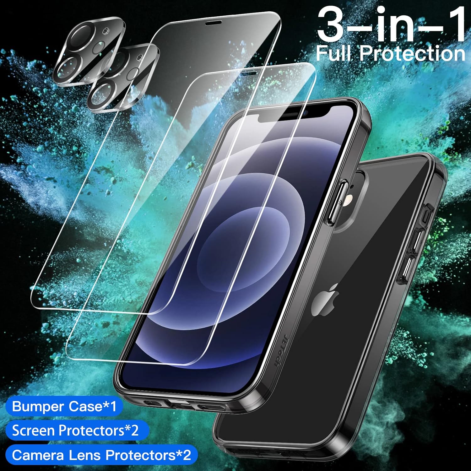 JETech Funda 3 en 1 para iPhone 12 Mini de 5.4 pulgadas, con 2 protectores de pantalla y 2 protectores de lente de cámara, película de vidrio