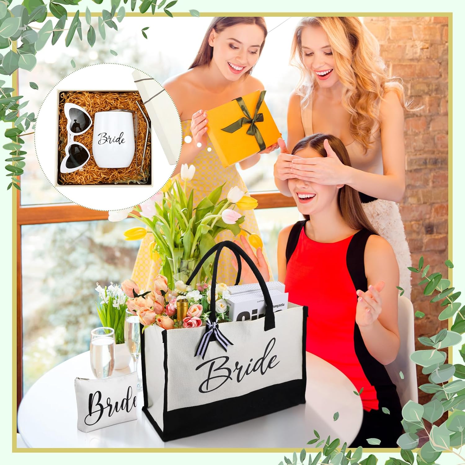Sweetude 4 piezas de regalos para novia, bolsa de lona con bolsa de maquillaje, vaso de novia con cepillo para pajilla, lentes de sol blancos en