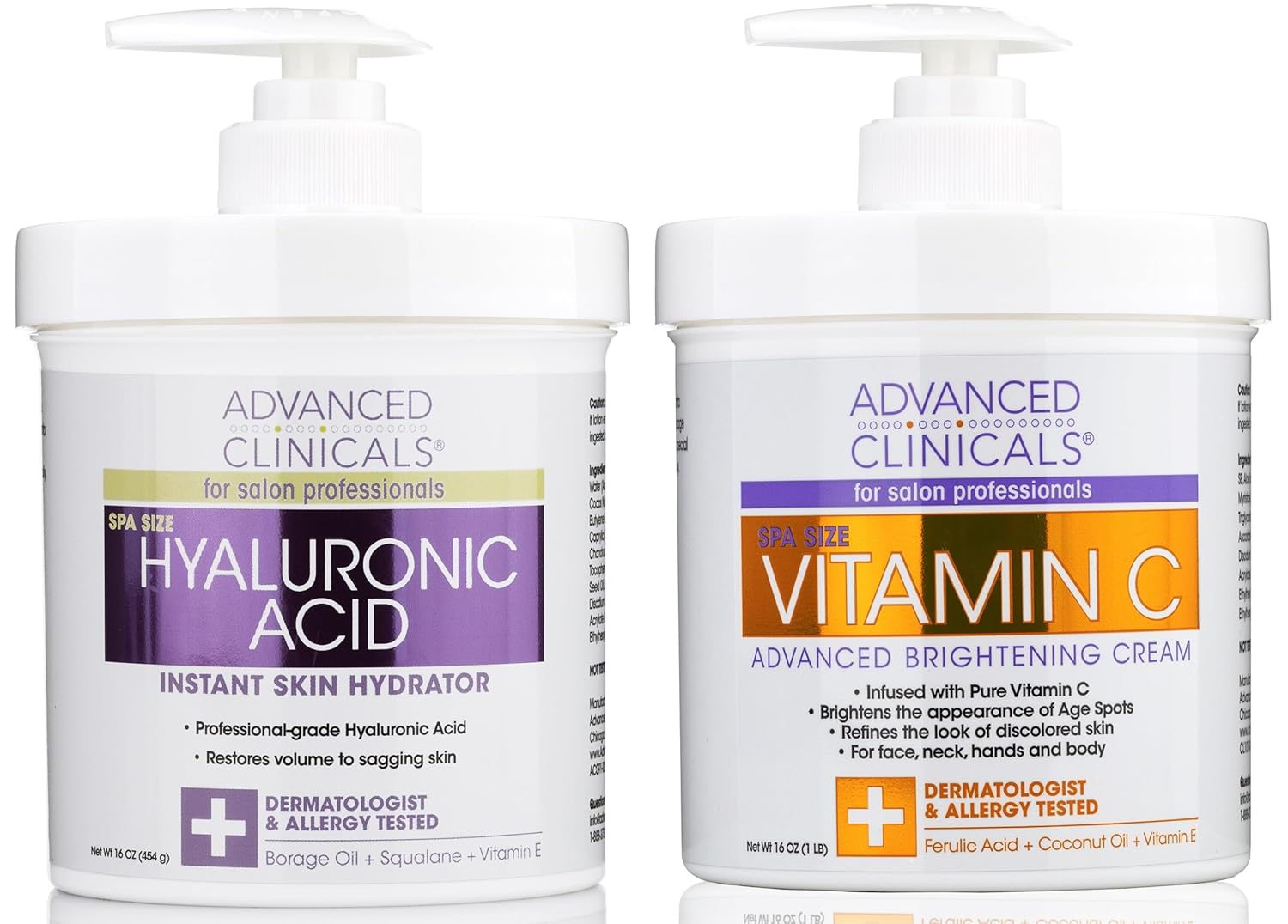 Advanced Clinicals Loción corporal de ácido hialurónico + crema iluminadora de vitamina C, juego de 2 piezas  Hidratante facial y crema corporal