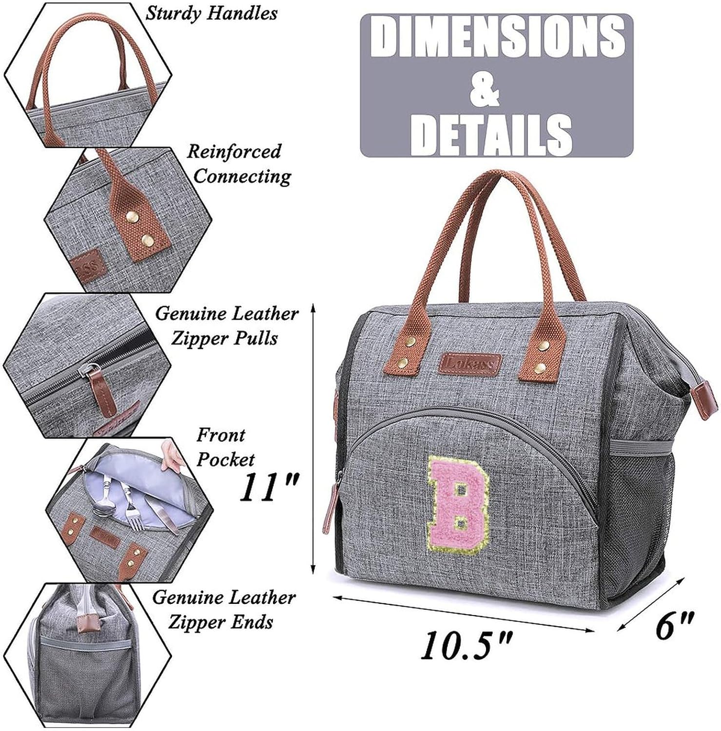 LOKASS Lonchera para mujeres, bolsa de almuerzo aislada con inicial para adultos, bolsa de almuerzo reutilizable para el trabajopicnic, regalos