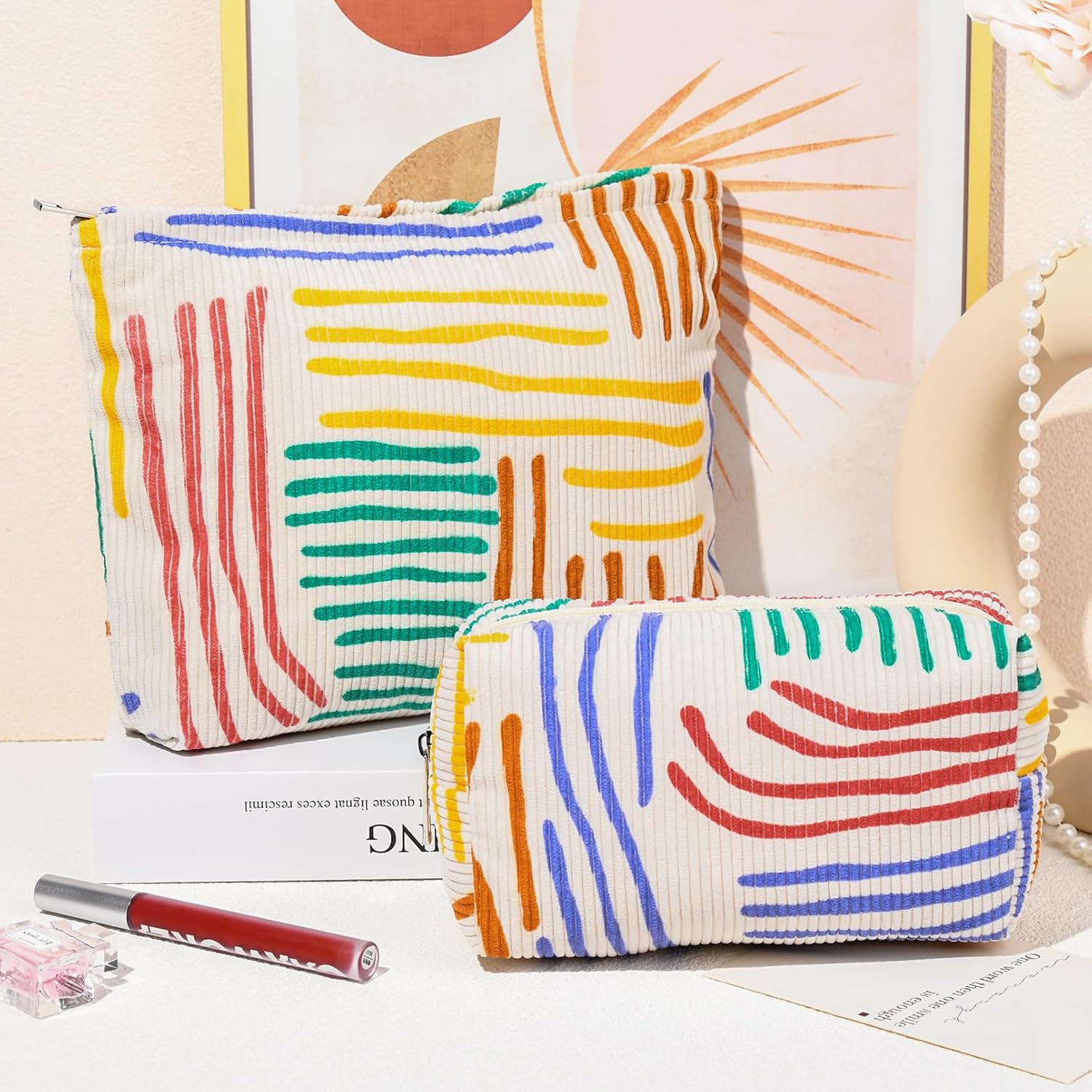 SOIDRAM Bolsa de maquillaje grande de pana de 2 piezas, bolsa de cosméticos de lona, capacidad a rayas, bolsa de aseo de viaje, organizador de