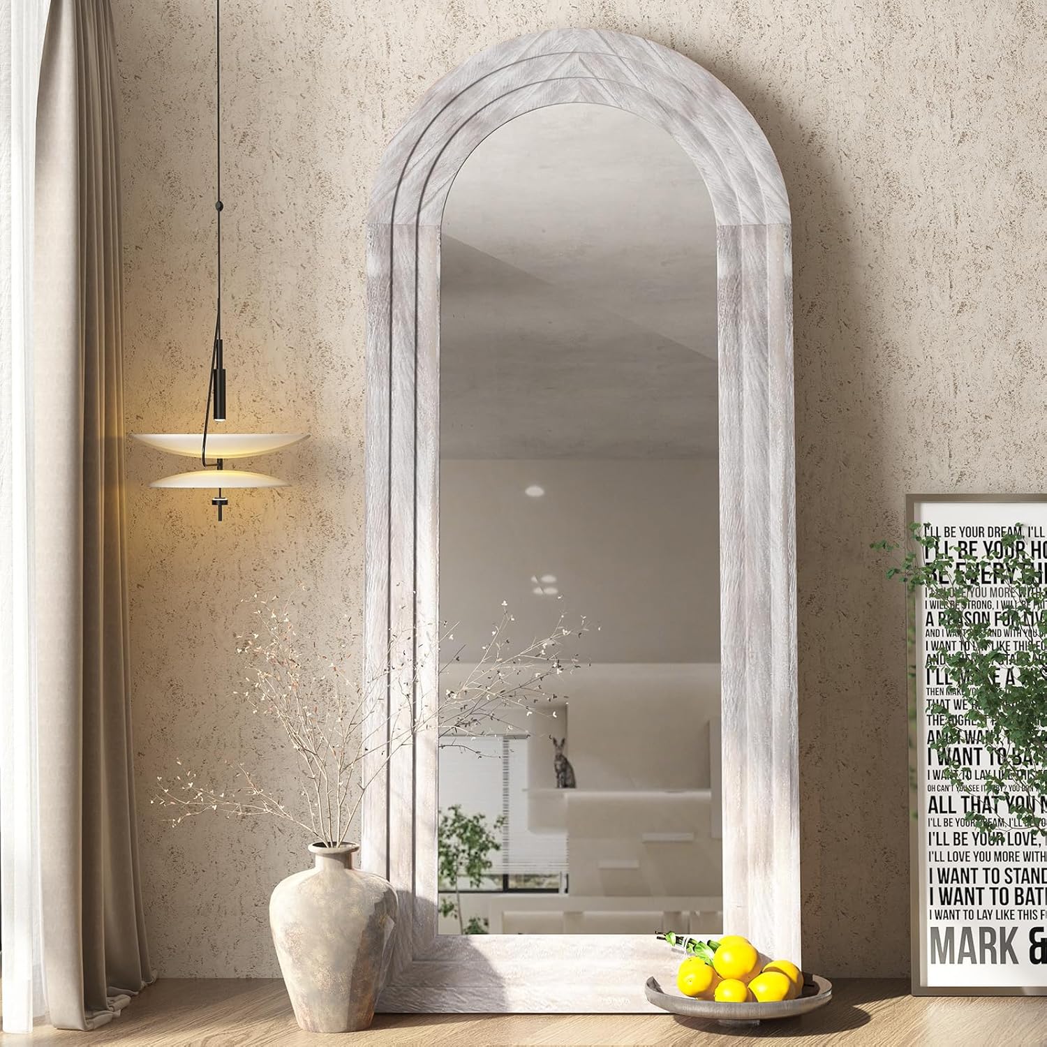 ZHUNFA Espejo arqueado de longitud completa con marco de madera maciza, espejo de pared de granja de 65 x 22 pulgadas, con soporte, para colgar