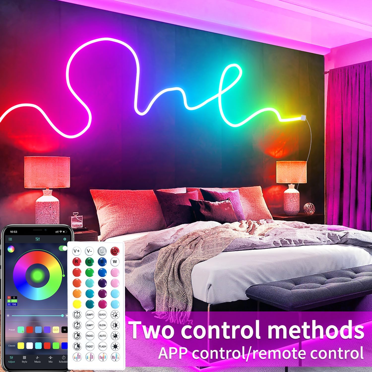 Tira de luces LED RGB de neón de 50 pies con control remotoAPP control IP65, impermeable, flexible, tira de luces LED de neón para decoración de