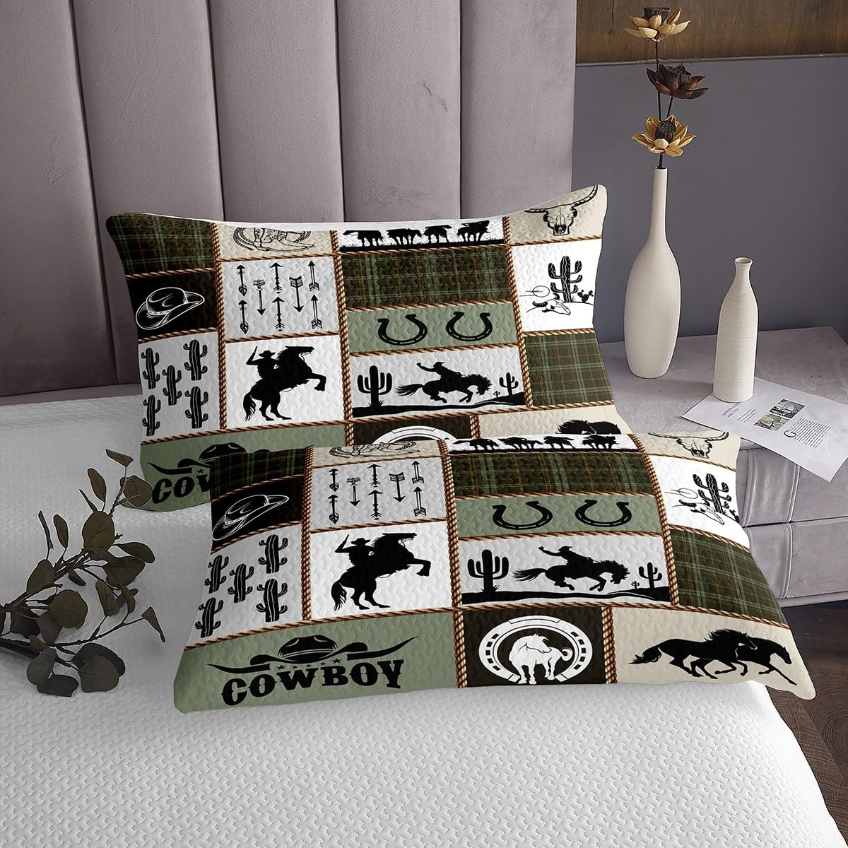Juego de colcha de vaquero occidental para niños, tamaño Queen, diseño geométrico de cactus, flechas de cactus, decoración de habitación de niños,