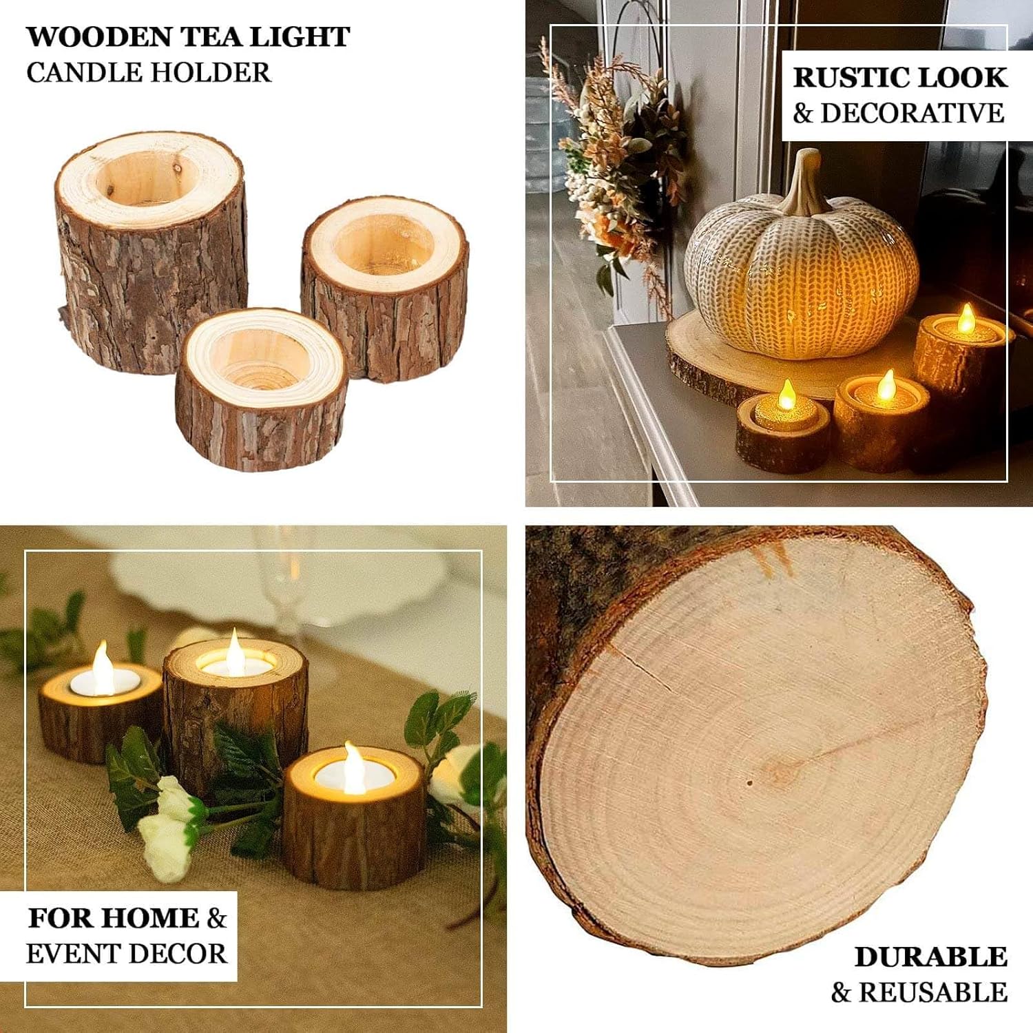 Efavormart – Juego de 3 portavelas votivos con rodajas de madera de granja, decoración de mesa de boda con rama de árbol rústico, 2.75 pulgadas, 1.5
