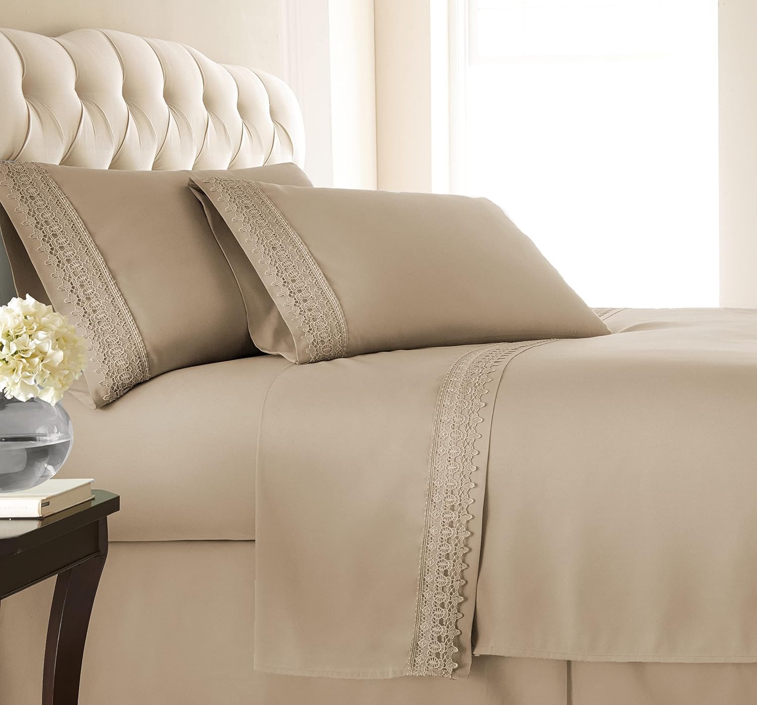 Juego de sábanas Southshore Fine Linens con hermoso encaje, sábana bajera de 21 pulgadas de grosor, Microfibra, Marrón topo, Completo