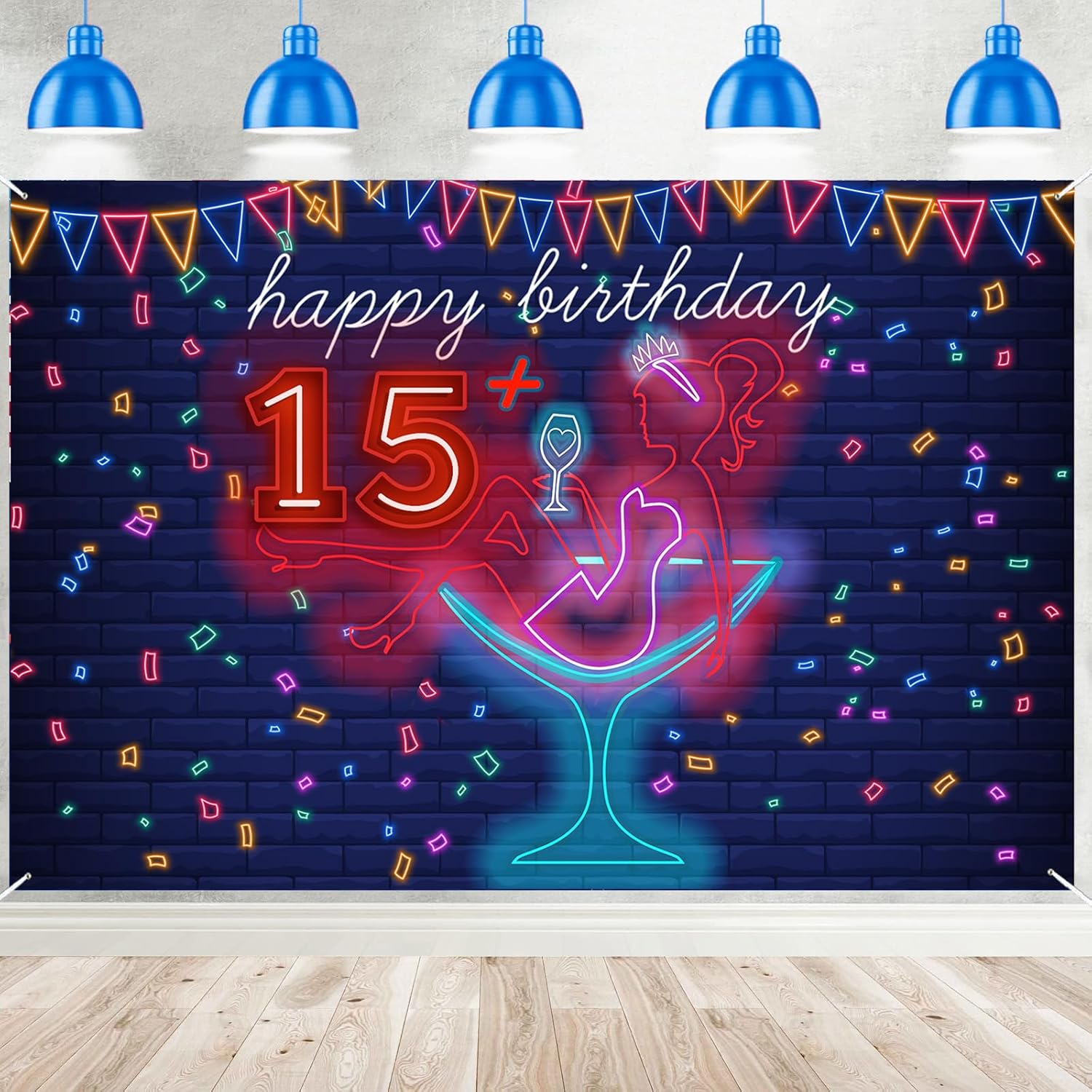 Cartel de neón con texto en inglés Happy 15 Birthday Girl Happy 15 Birthday Banner Cheers to 15 años de tacón alto, maquillaje para decoración de