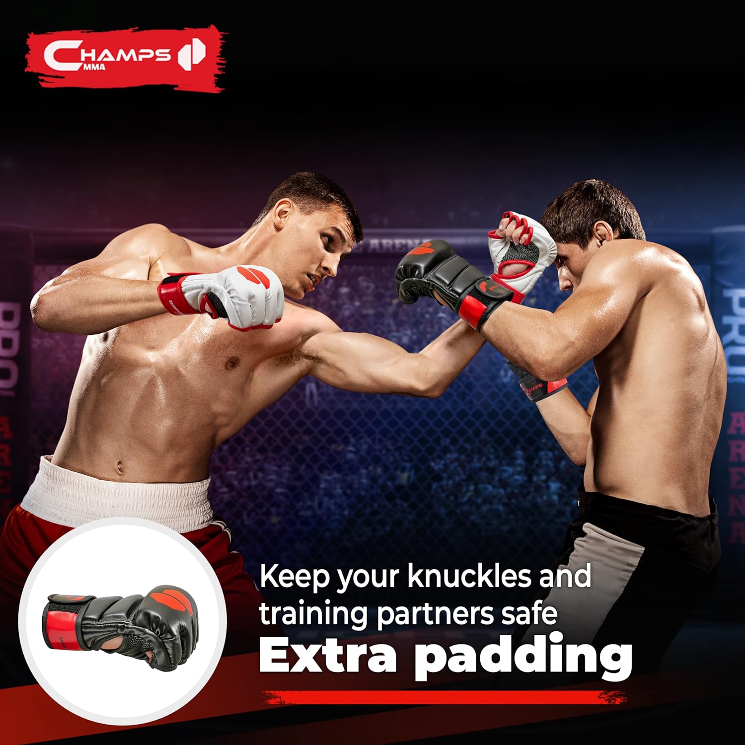 Champs MMA Guantes para hombres y mujeres, guantes UFC transpirables con soporte superior para la muñeca y absorción de impactos, guantes acolchados