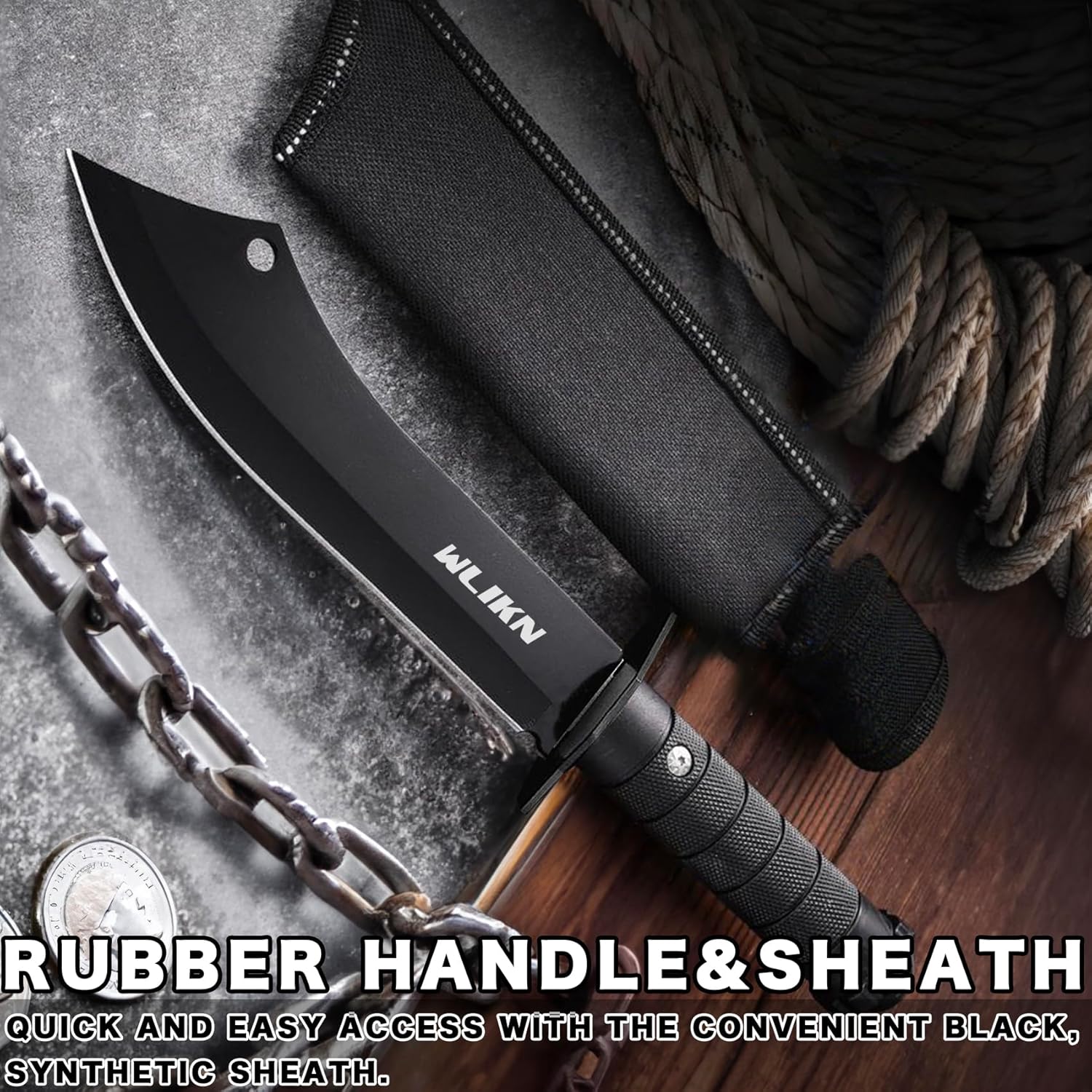Wlikn Cuchillo de hoja fija con funda, cuchillo Bowie de supervivencia de hoja de un solo filo fuerte con mango antideslizante, para camping, caza y