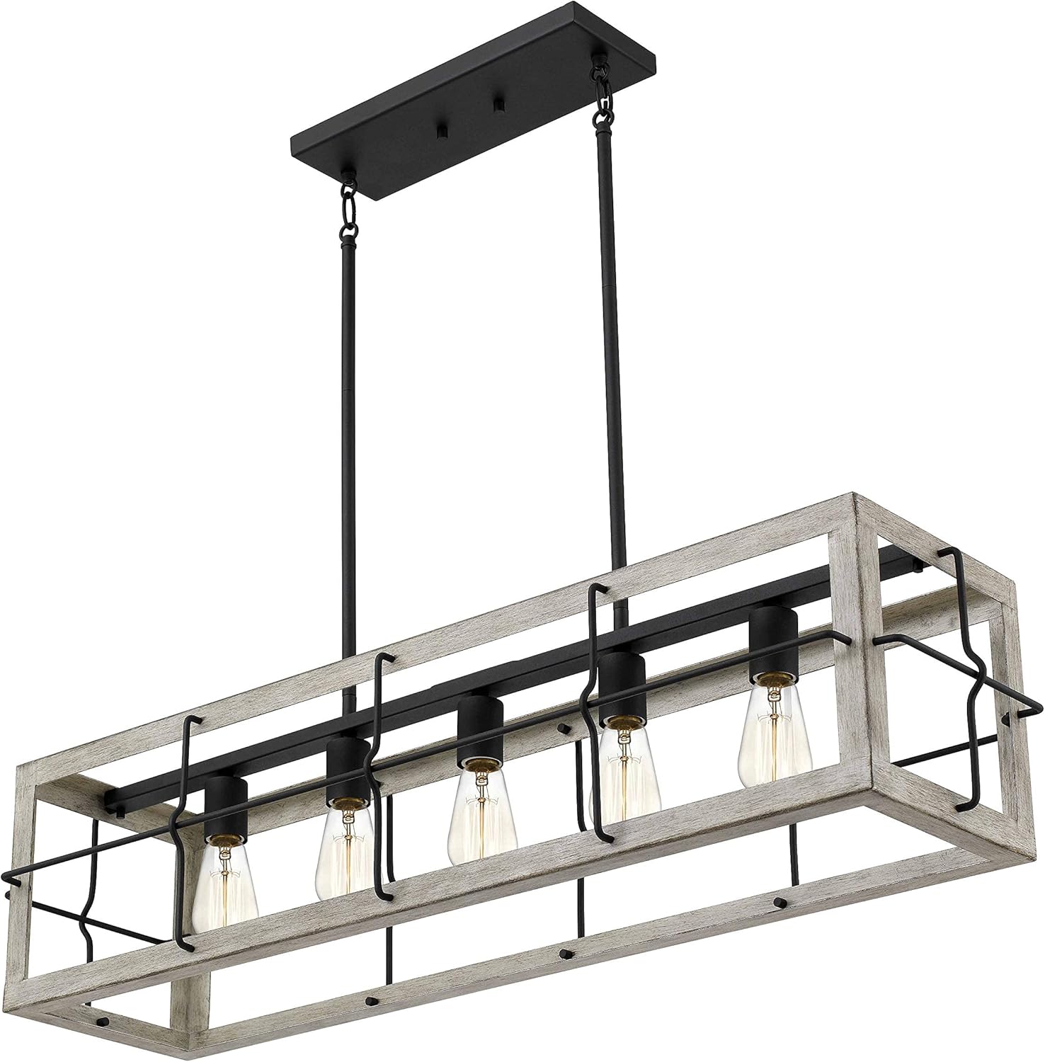 Amos Modern Farmhouse – Lámpara de isla de 5 luces con pantalla de madera clara pintada a mano para comedor, cocina en costa, granja, industrial,