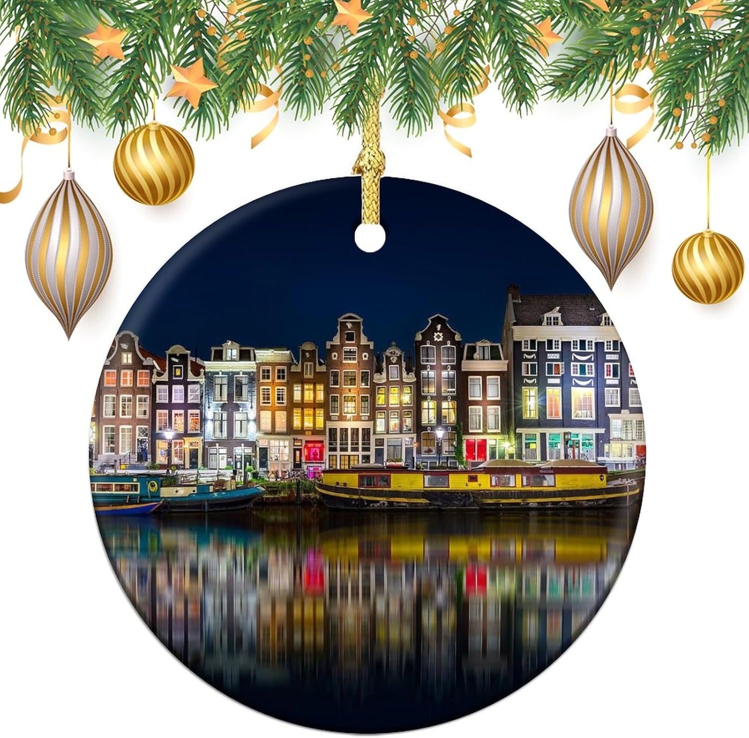 Adornos de Navidad Amsterdam para colgar en el árbol de Navidad, adorno de porcelana de doble cara, regalo para amigostour pal