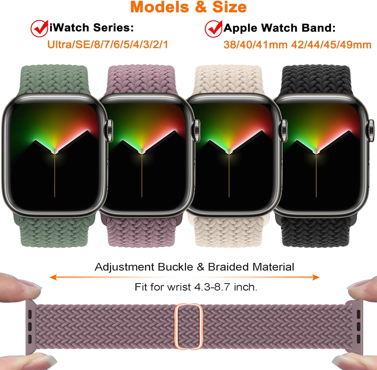 Paquete de 4 correas trenzadas Solo Loop compatibles con Apple Watch de 1.929 in 1.772 in 1.732 in 1.654 in para mujeres y hombres, correas