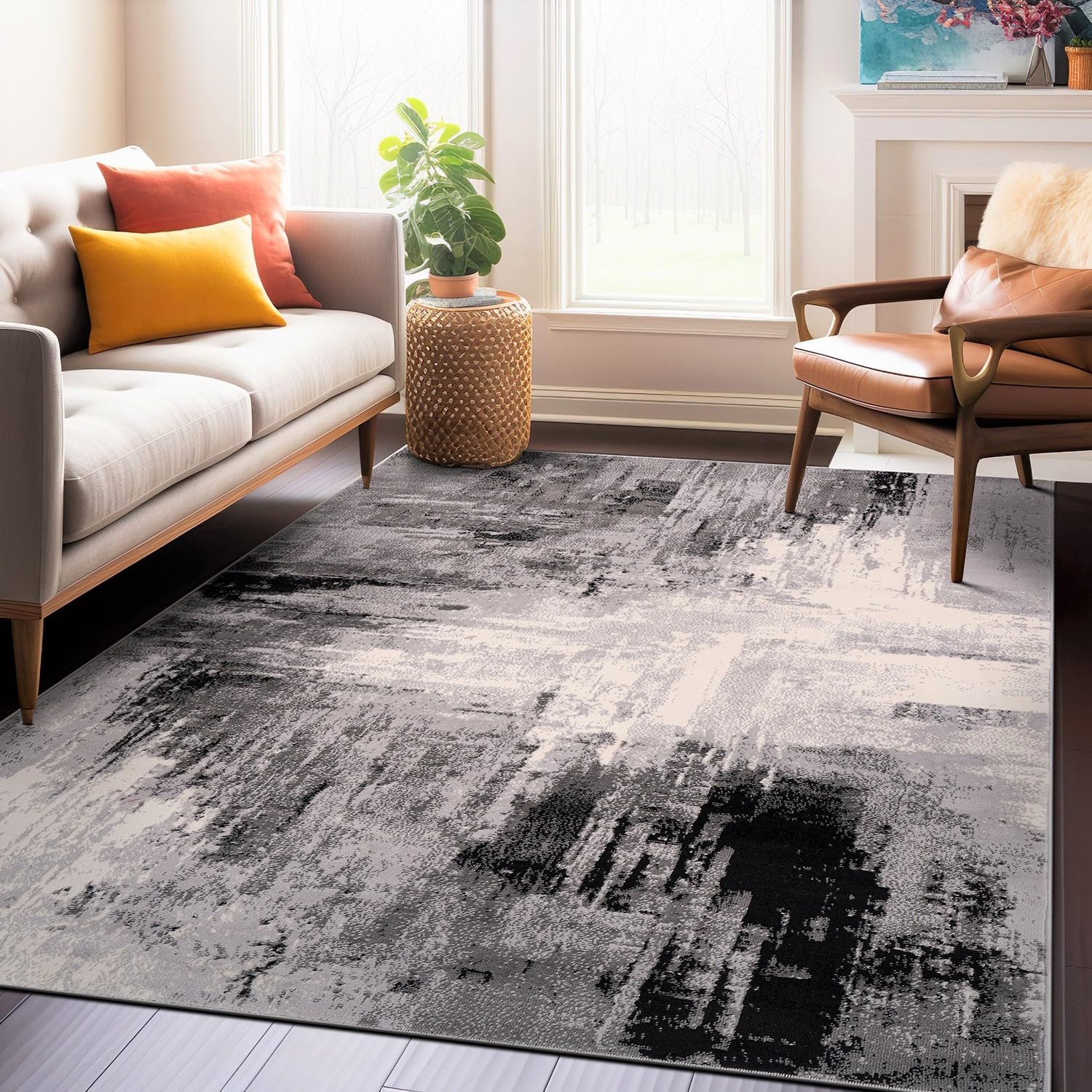 Rugshop Basel – Alfombra suave de arte abstracto contemporáneo, resistente a las manchas, 7 pies 10 pulgadas x 10 pies, color negro