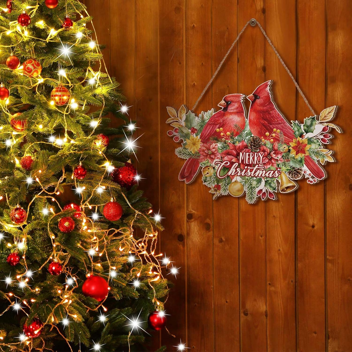 Bencailor Decoración de puerta de Navidad, diseño de pájaros cardenales, letrero de bienvenida de madera para puerta delantera, letrero colgante de
