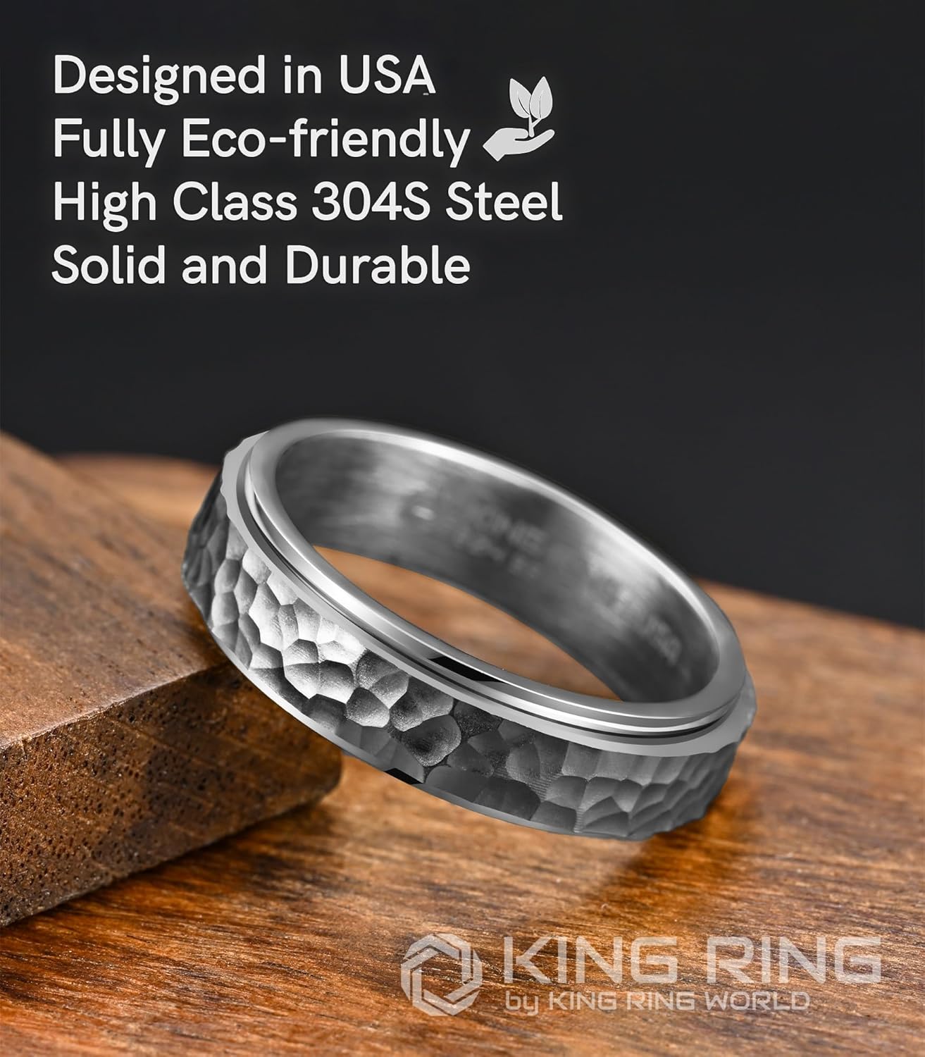King Ring 6mm Hammered Spinner Ring  Fidget Ring for Stress Relief, Stainless Steel Ring for Men & Women  Designed in USA
