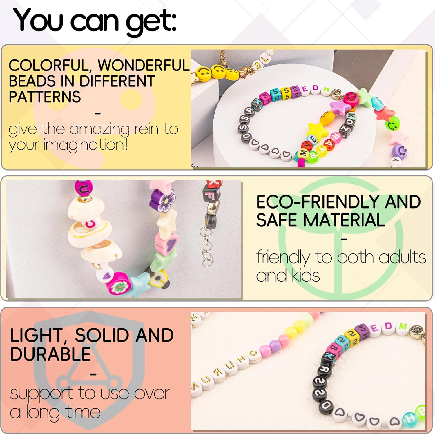 YUNAI Kit de cuentas de letras para hacer pulseras de amistad, 965 cuentas redondas del alfabeto con cuentas de estrella sonriente, juego de cuentas