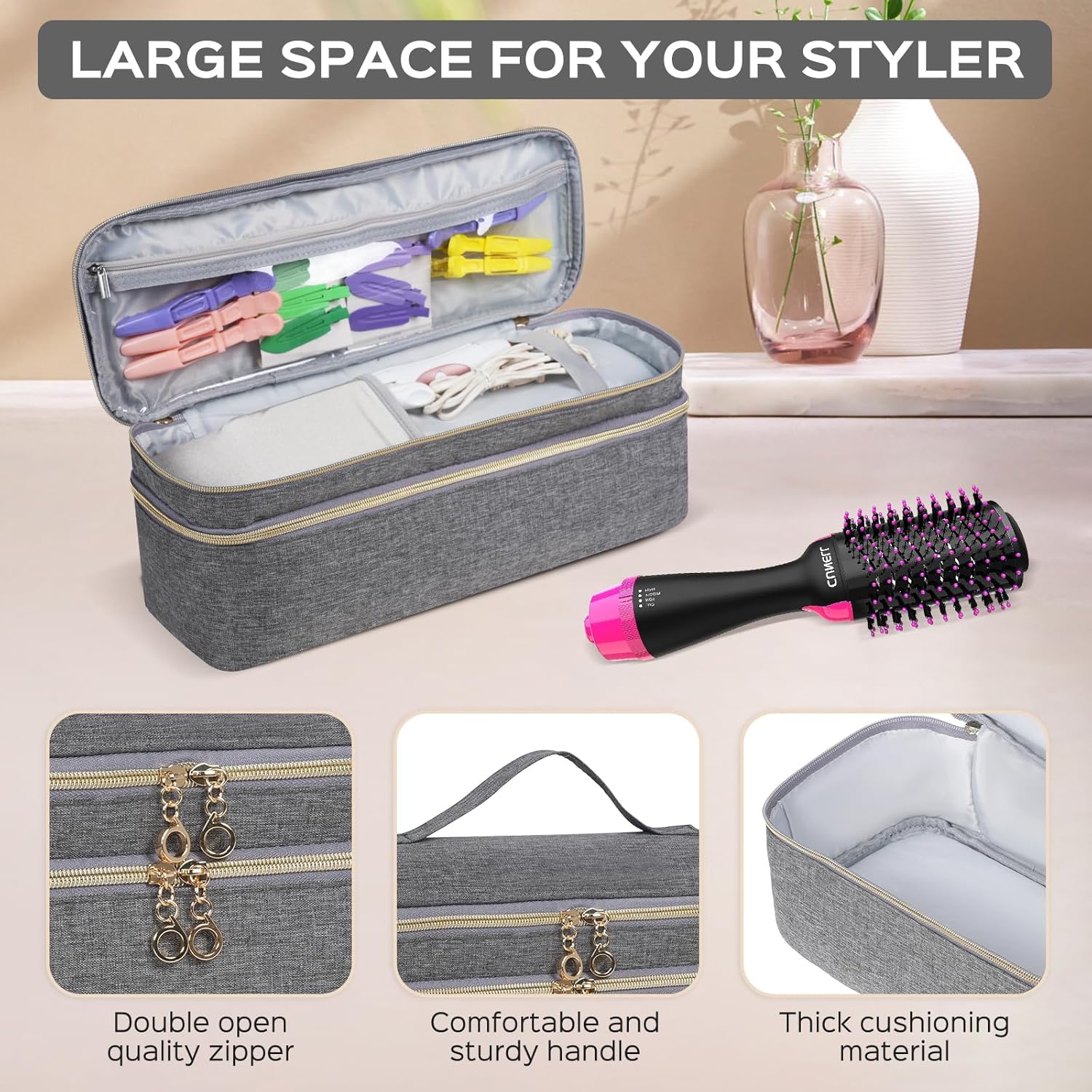 WINZEDGE Estuche de transporte de viaje de doble capa para secador de pelo Revlon de un solo paso y cepillo de aire caliente voluminizador, bolsa