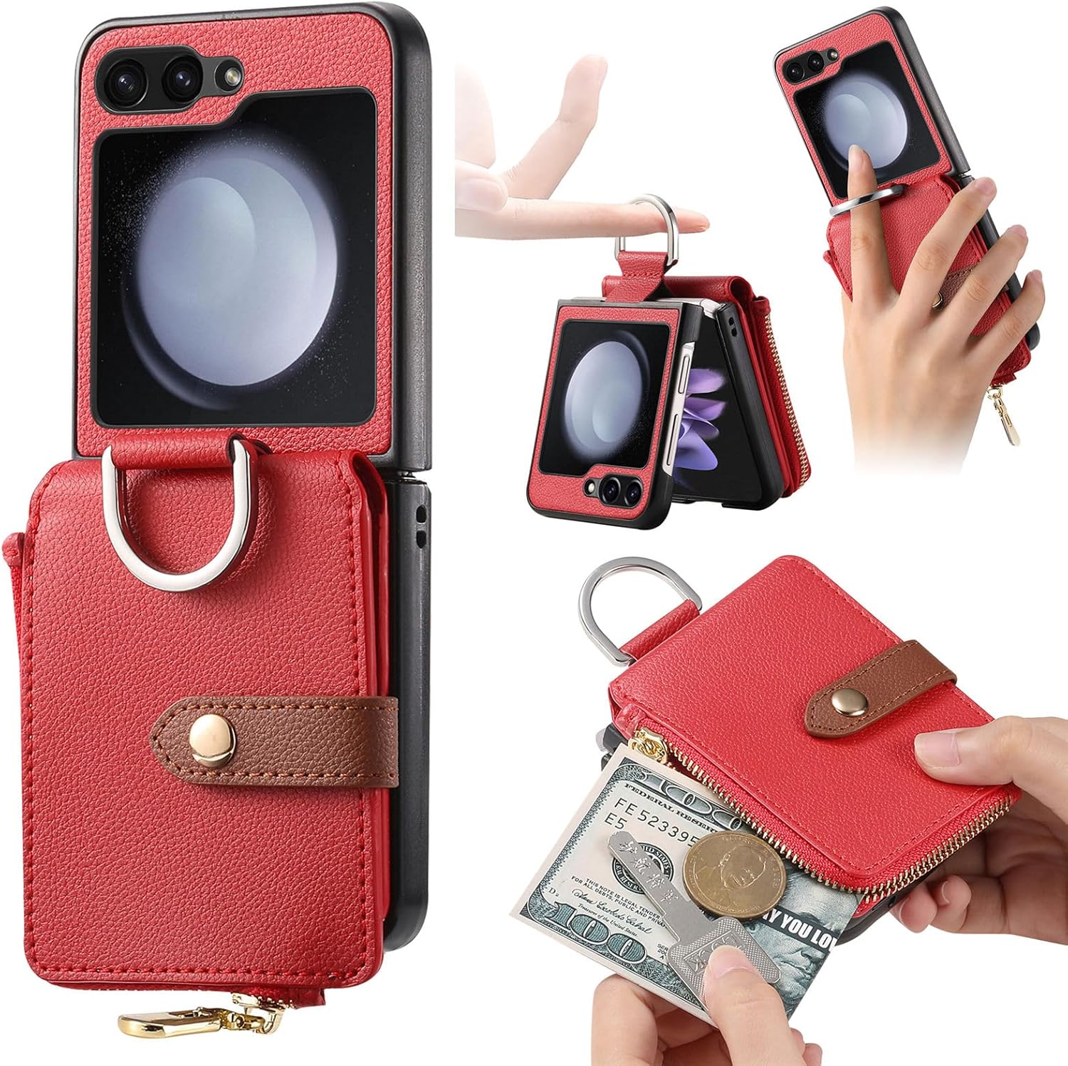 Asuwish Compatible con Samsung Galaxy Z Flip 5 5G 2023 – Funda tipo cartera y ranura para tarjetas, anillo con cierre magnético, accesorios de