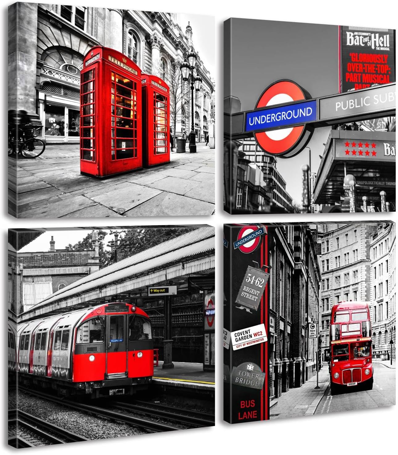 JiazuGo Arte de pared en blanco y negro, decoración de pared roja, arte de construcción de ciudad, cabina de teléfono roja, autobús en Londres,