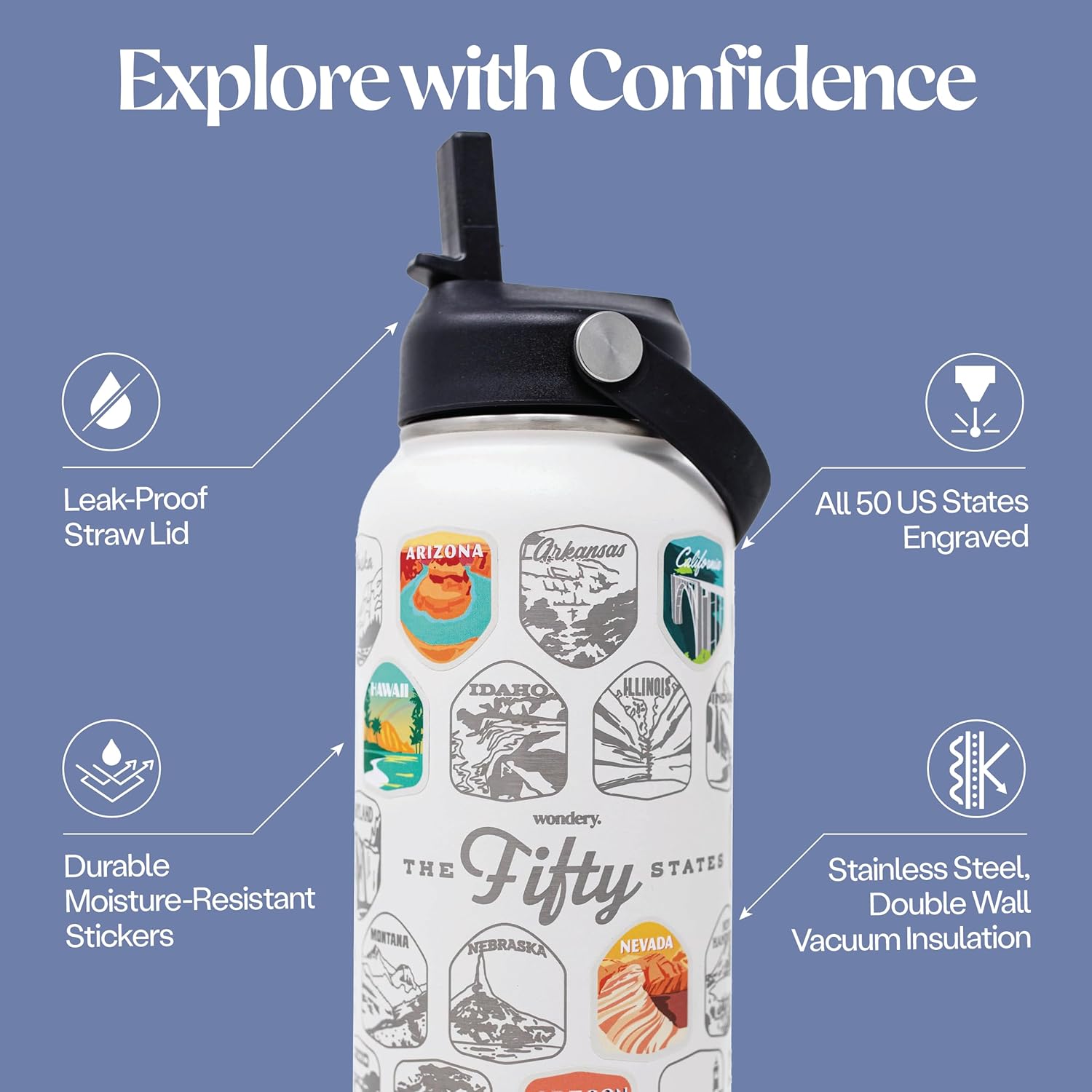 Botella de agua de viaje oficial de Fifty States con calcomanías impermeables y pajilla, color crema, 32 onzas grabadas, acero inoxidable aislado