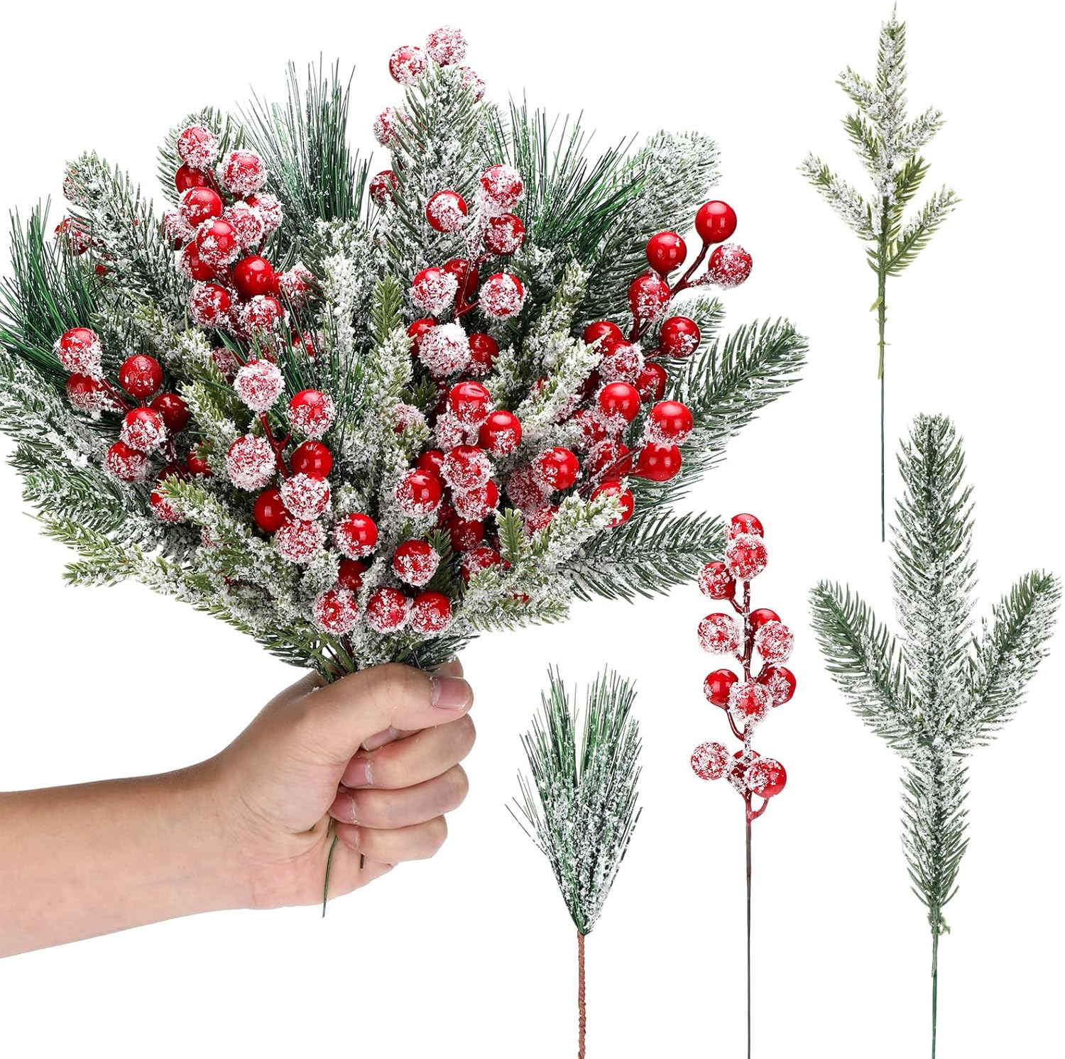 Lyrow 80 piezas de palillos artificiales de pino nevado de Navidad, tallos artificiales de bayas rojas, ramas de pino de cedro sintético, ramas para