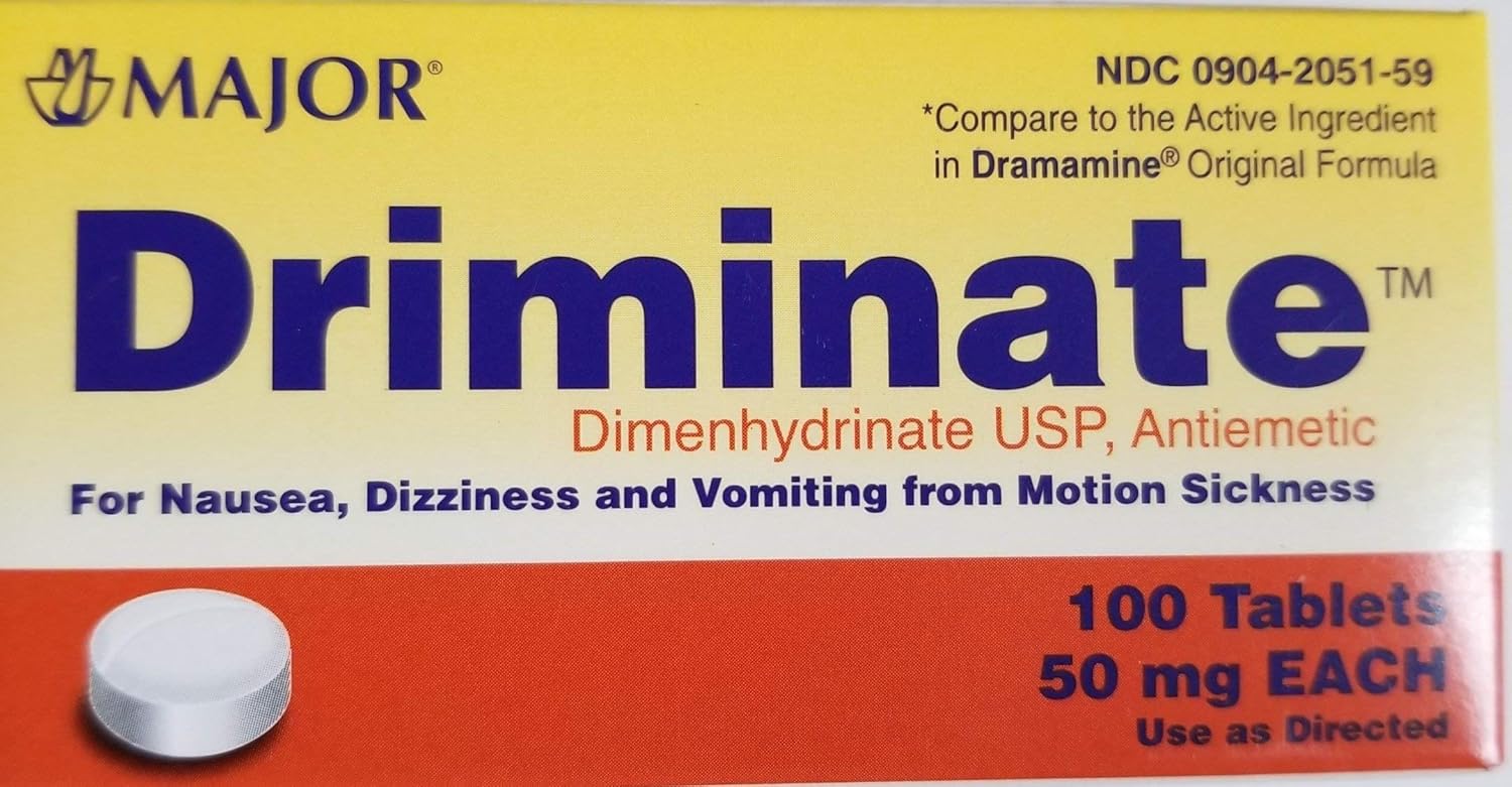 Driminate Genérico para el mareo por movimiento Dramamine 50 mg anti náuseas, 100 unidades (paquete de 2)