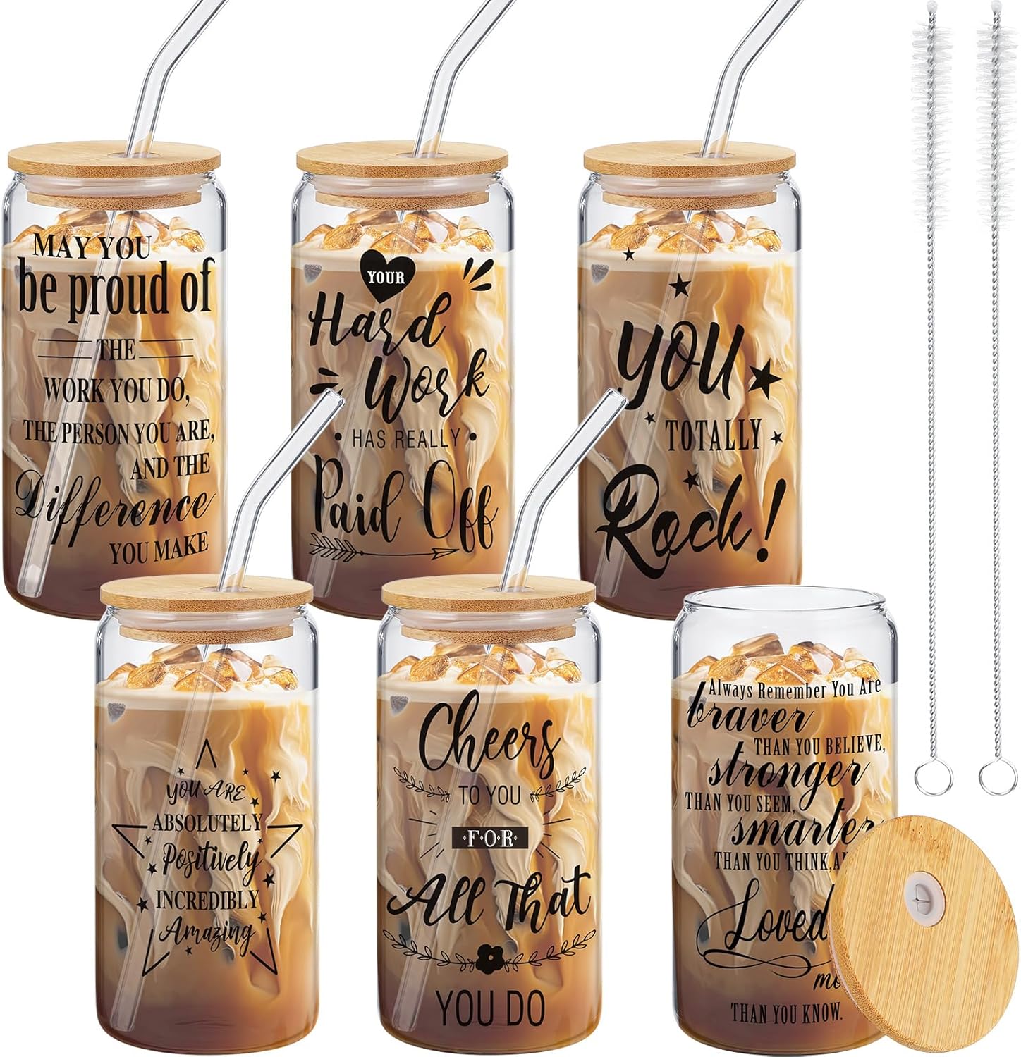 Suttmin Regalos de agradecimiento – Vasos de vidrio de 16 onzas con tapas de bambú, popotes, vasos de café helado, vasos con forma de lata de